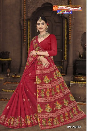 Crafted from pure mulmul (Stiff) cotton, this saree features traditional Kalamkari-inspired prints with an effortless, featherlight drape.