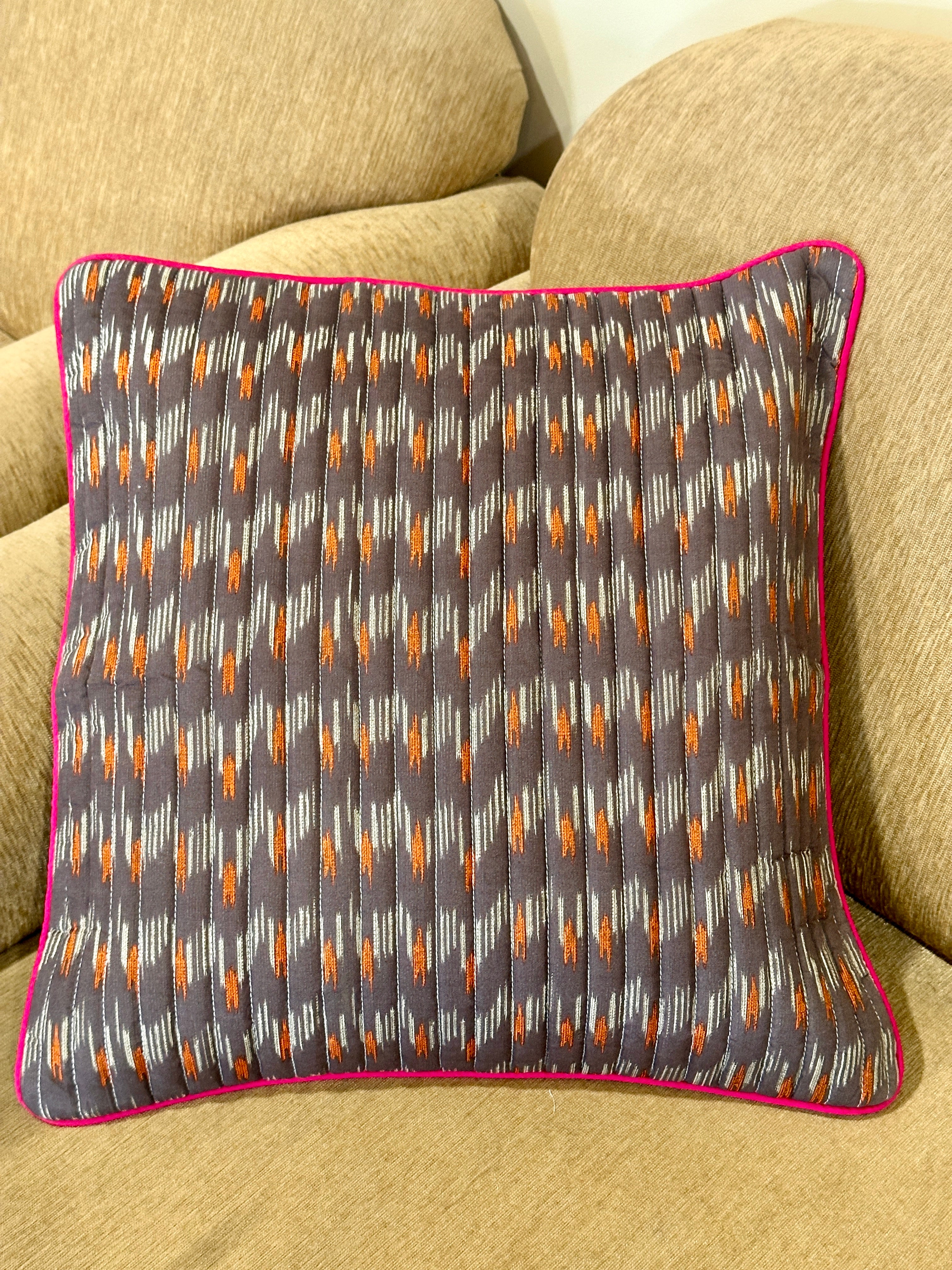 Grey Ikat Design Quilted Pure Cotton Contrast Border Square Cushion Cover