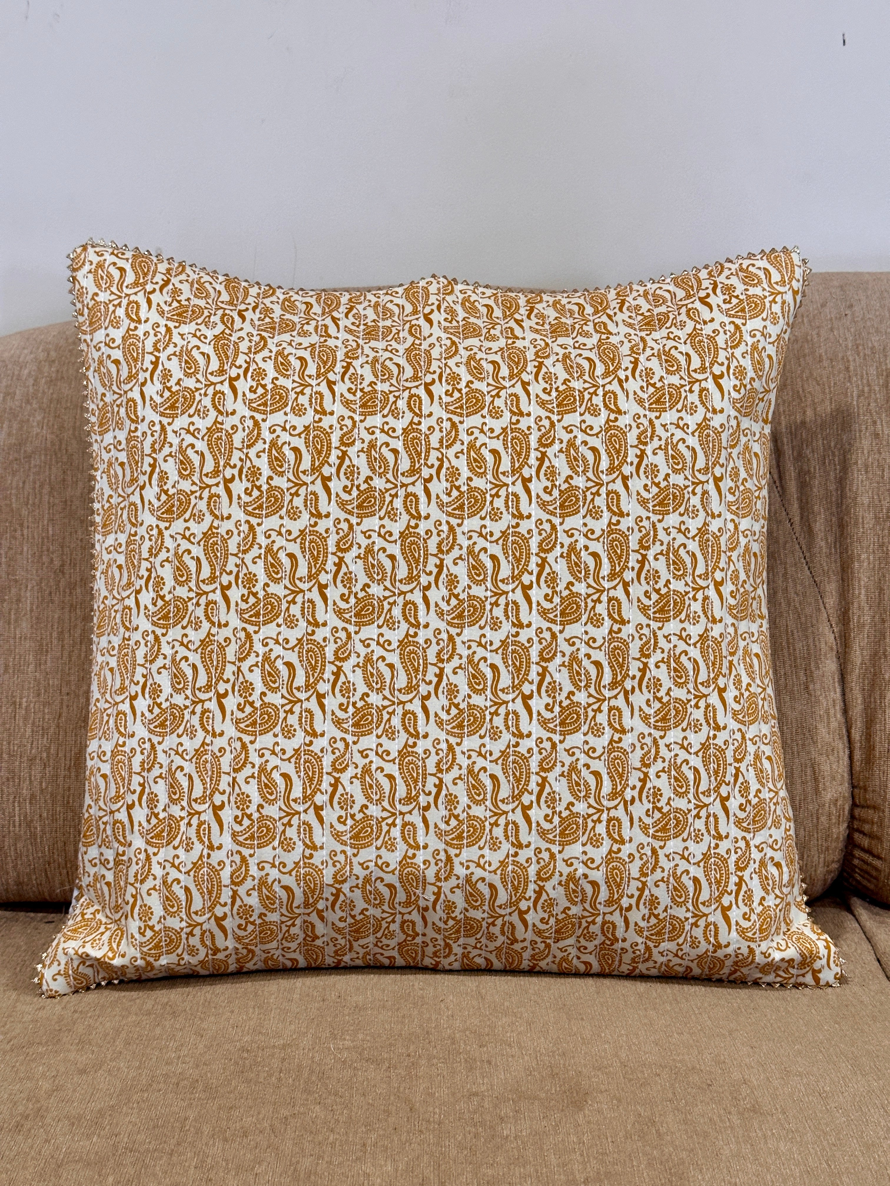 Gold Paisley Design Quilted Cotton Square Cushion Covers