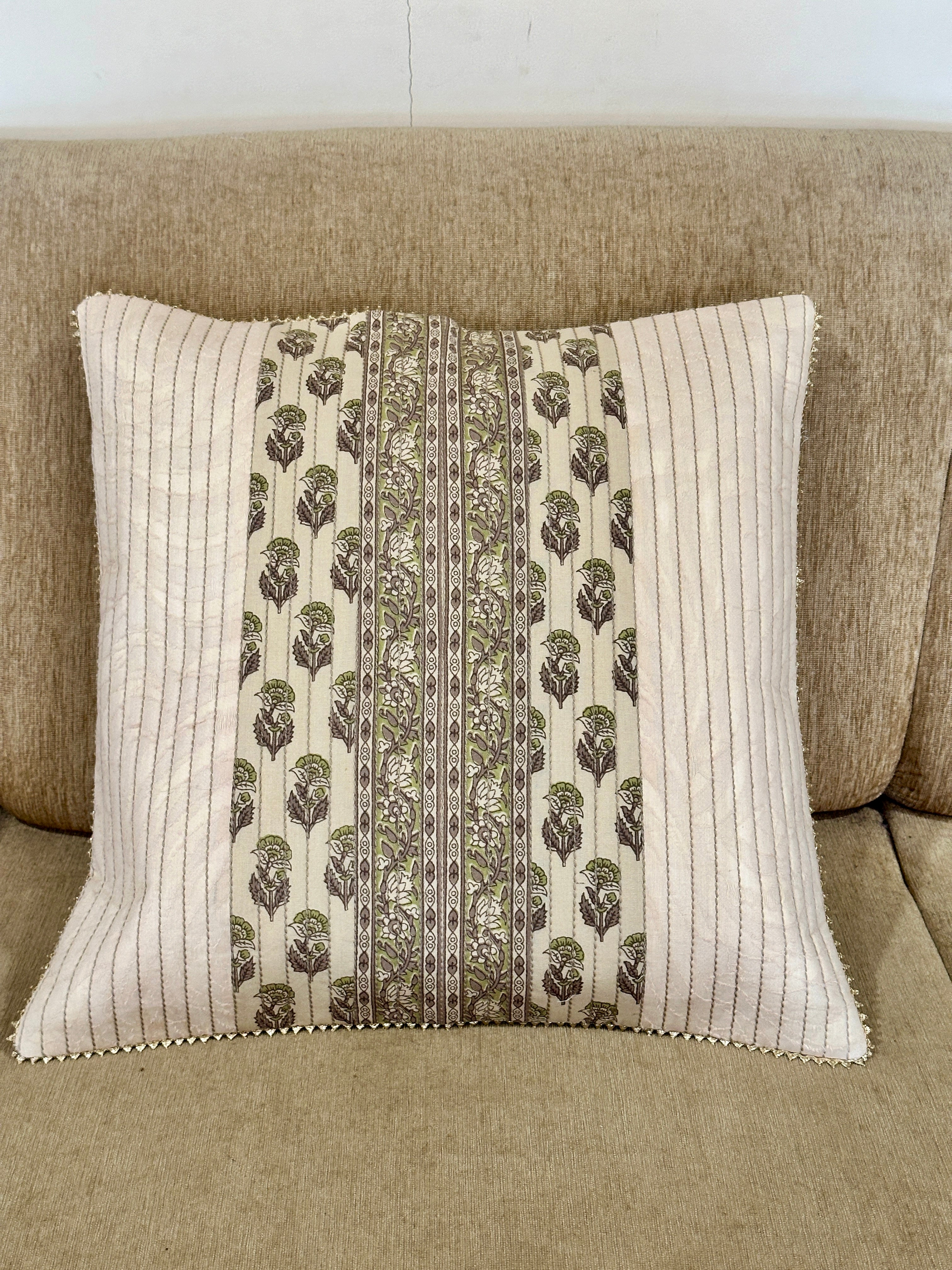 Beige Grey Butti Design Jacquard Quilted Pure Cotton Square Cushion Cover