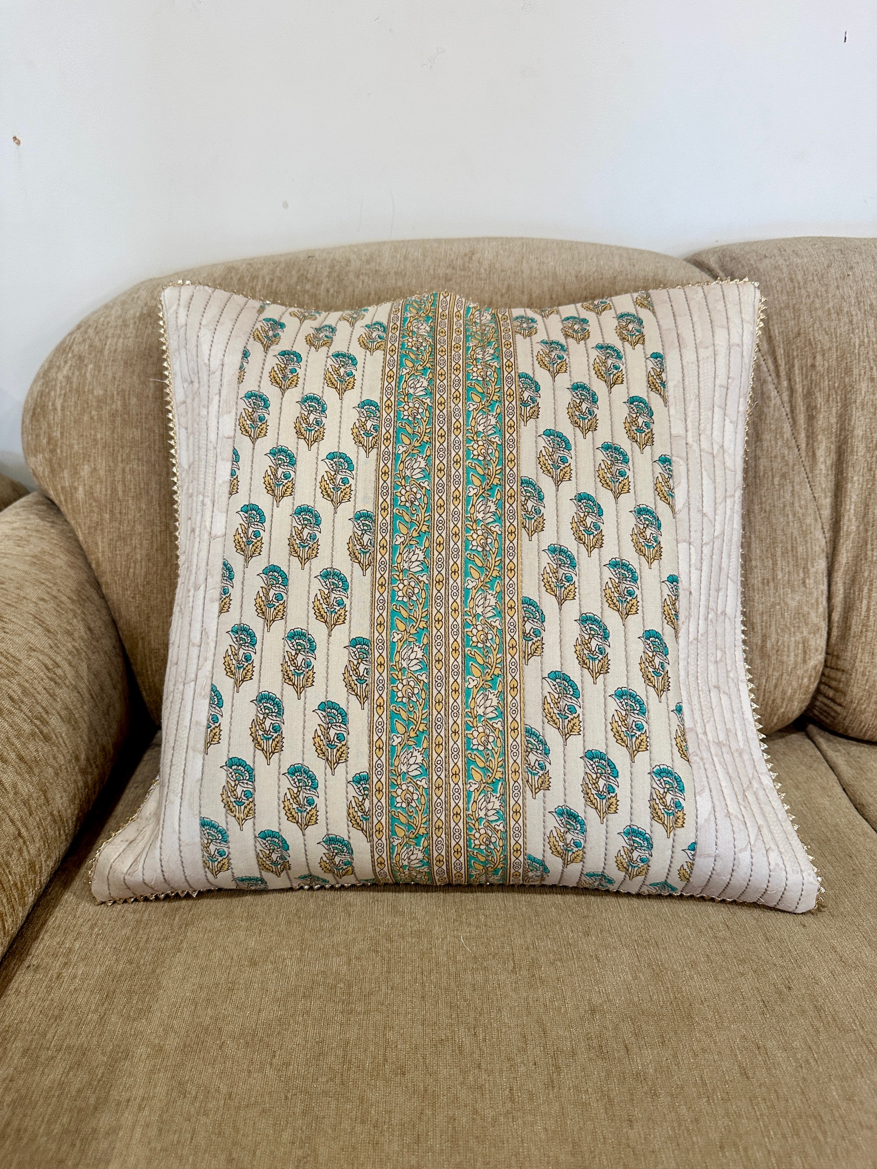 Beige Blue Butti Design Jacquard Quilted Pure Cotton Square Cushion Cover