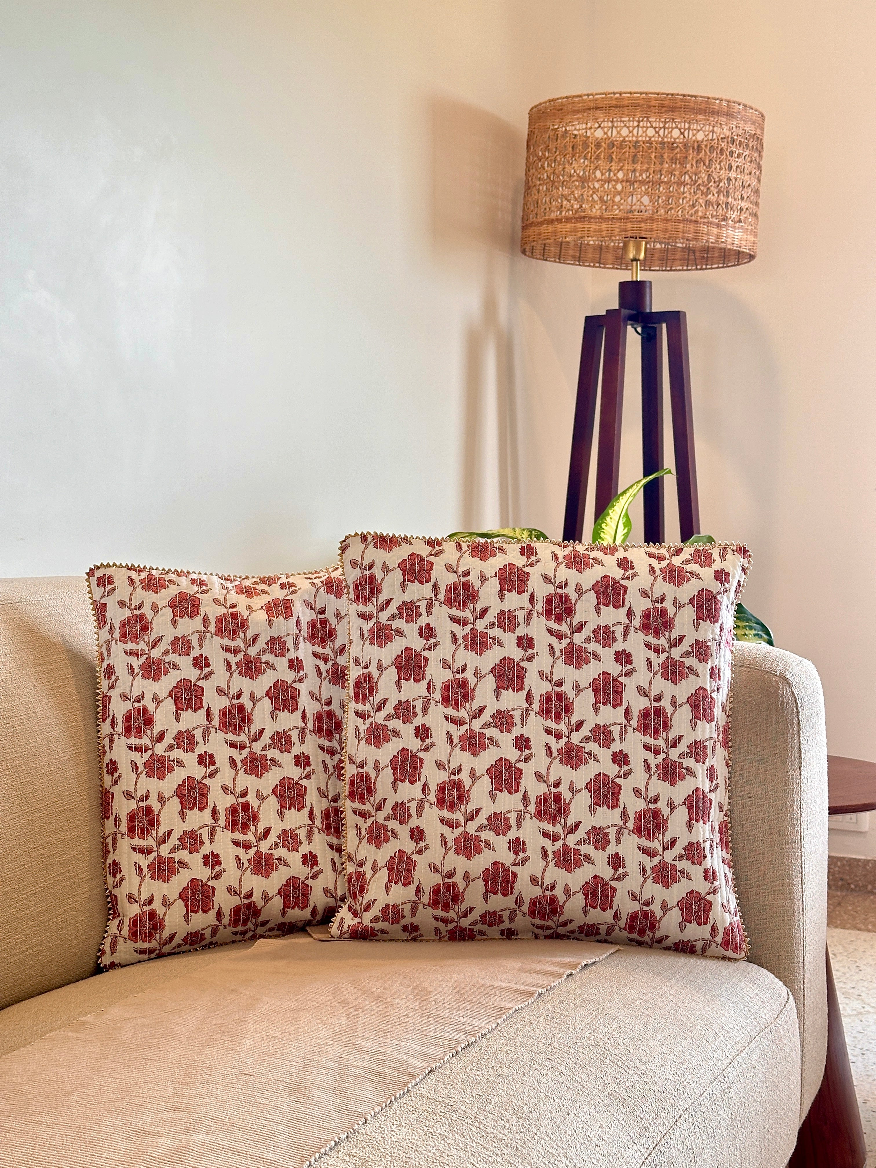 White & Maroon Floral Design Quilted Cotton Square Cushion Cover