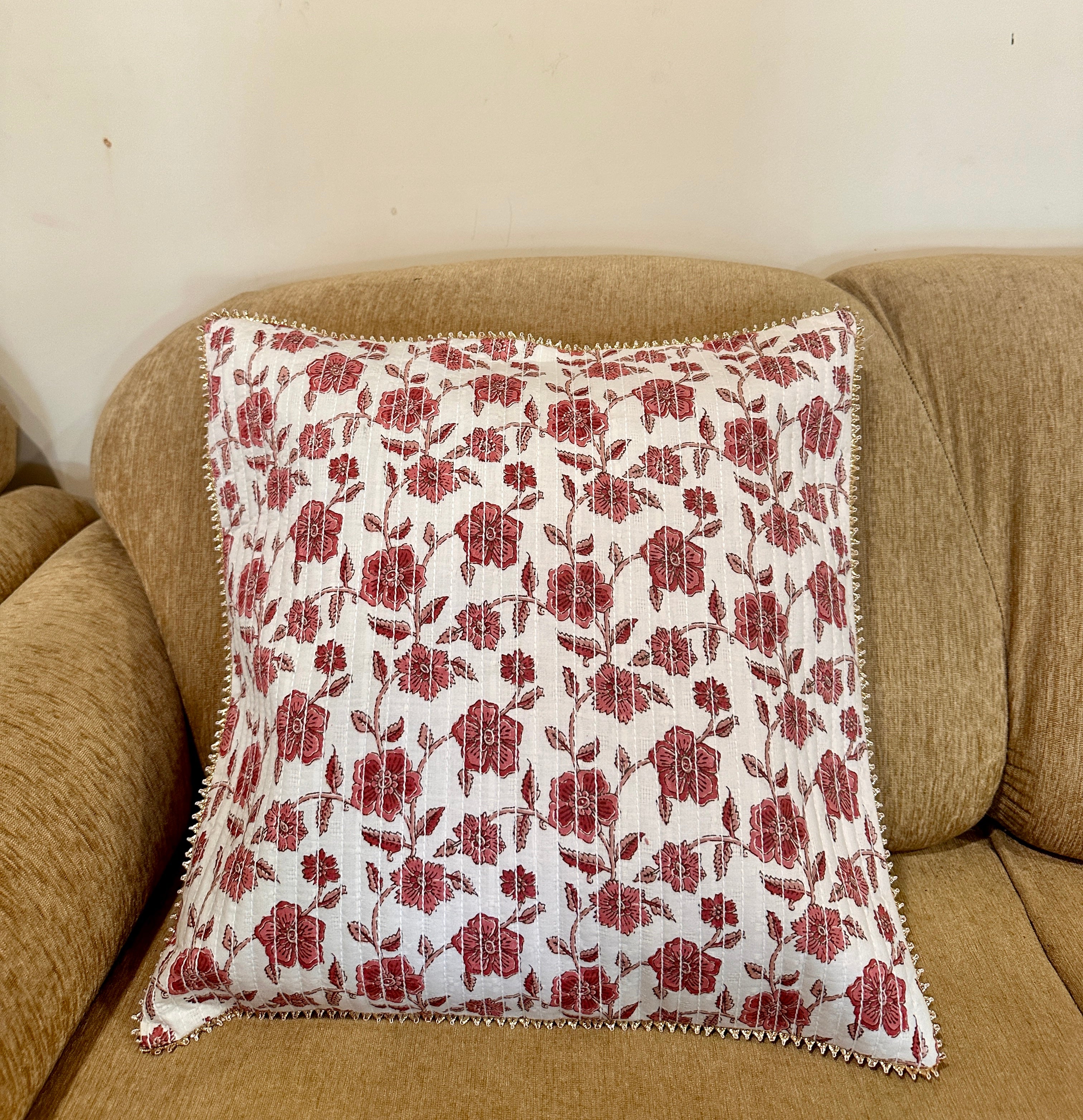 White & Maroon Floral Design Quilted Cotton Square Cushion Cover