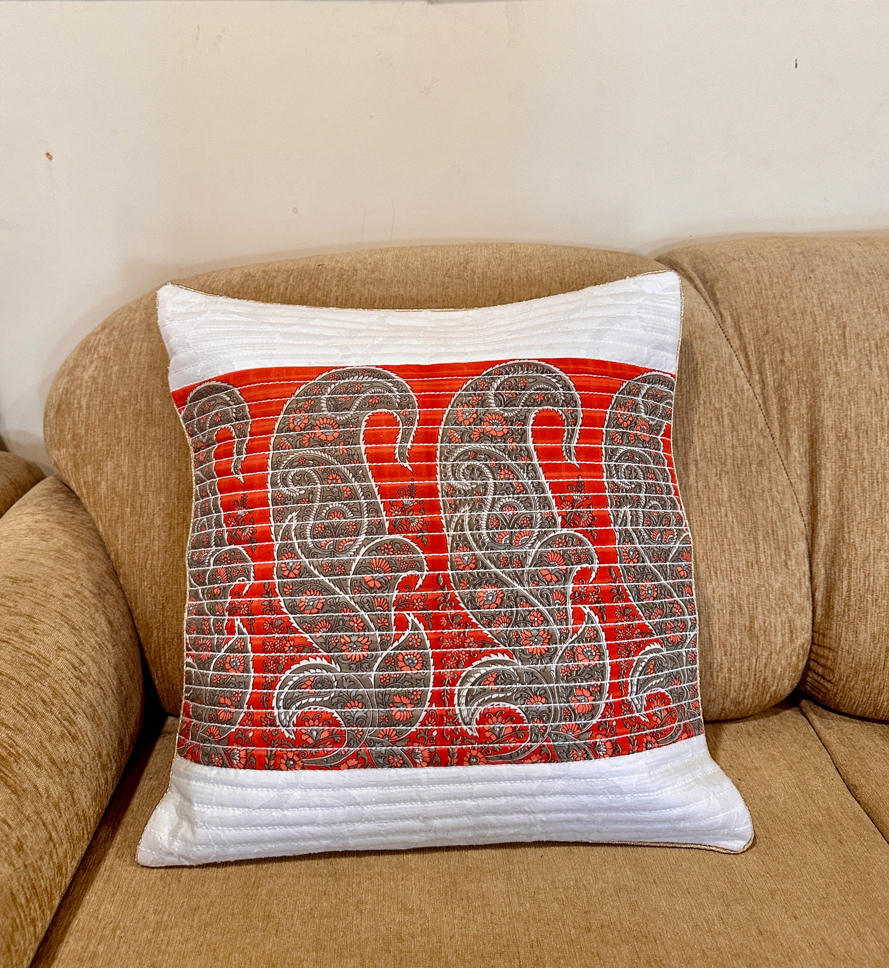 Red Cream Paisley Design Quilted Pure Cotton Square Cushion Cover with Zari Border