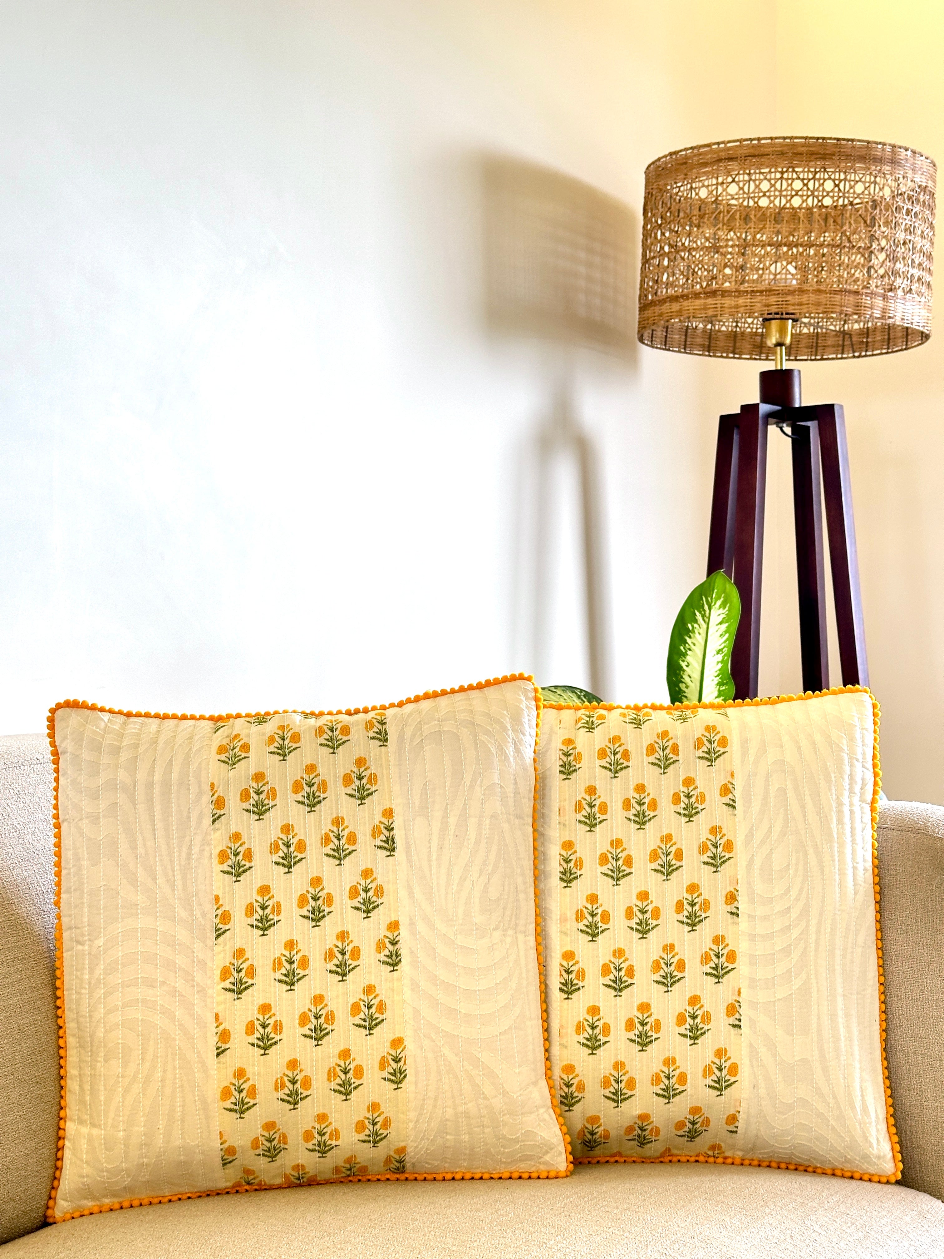 Yellow Floral Butti Design Quilted Cotton Square Cushion Cover