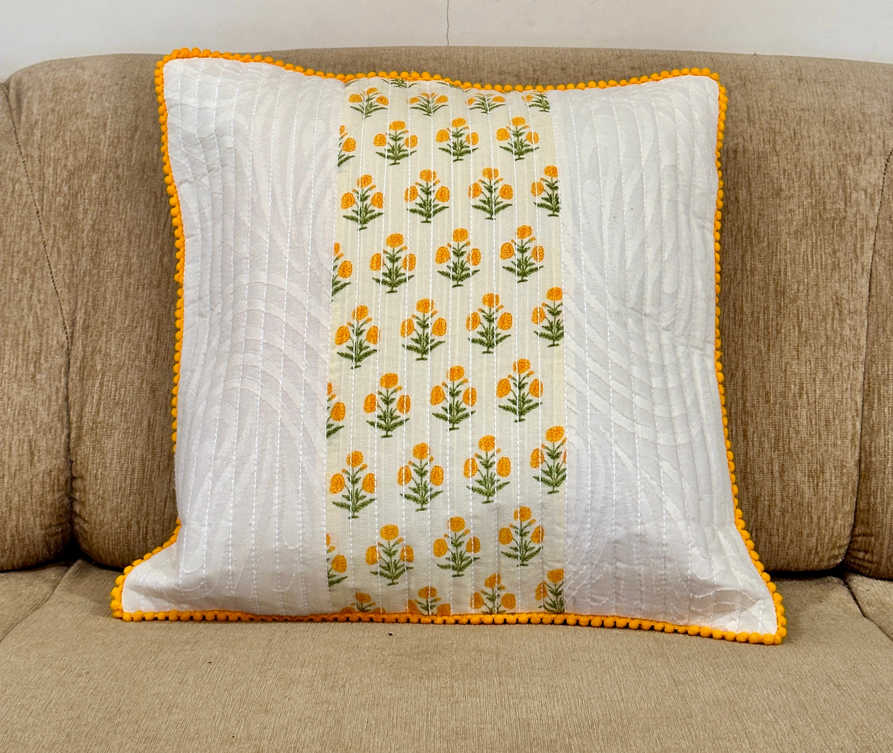 Yellow Floral Butti Design Quilted Cotton Square Cushion Cover