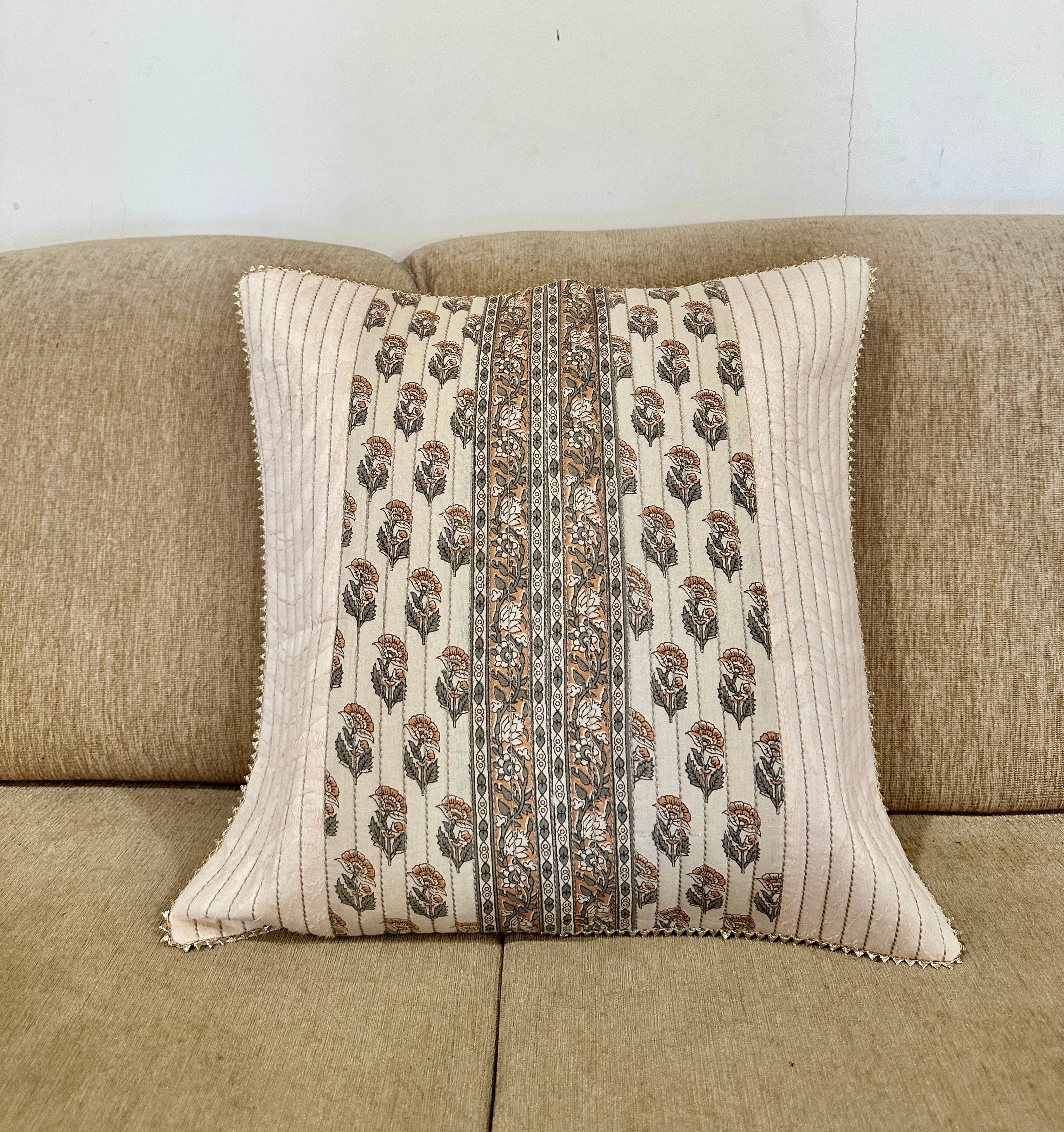 Beige Brown Butti Design Jacquard Quilted Pure Cotton Square Cushion Cover