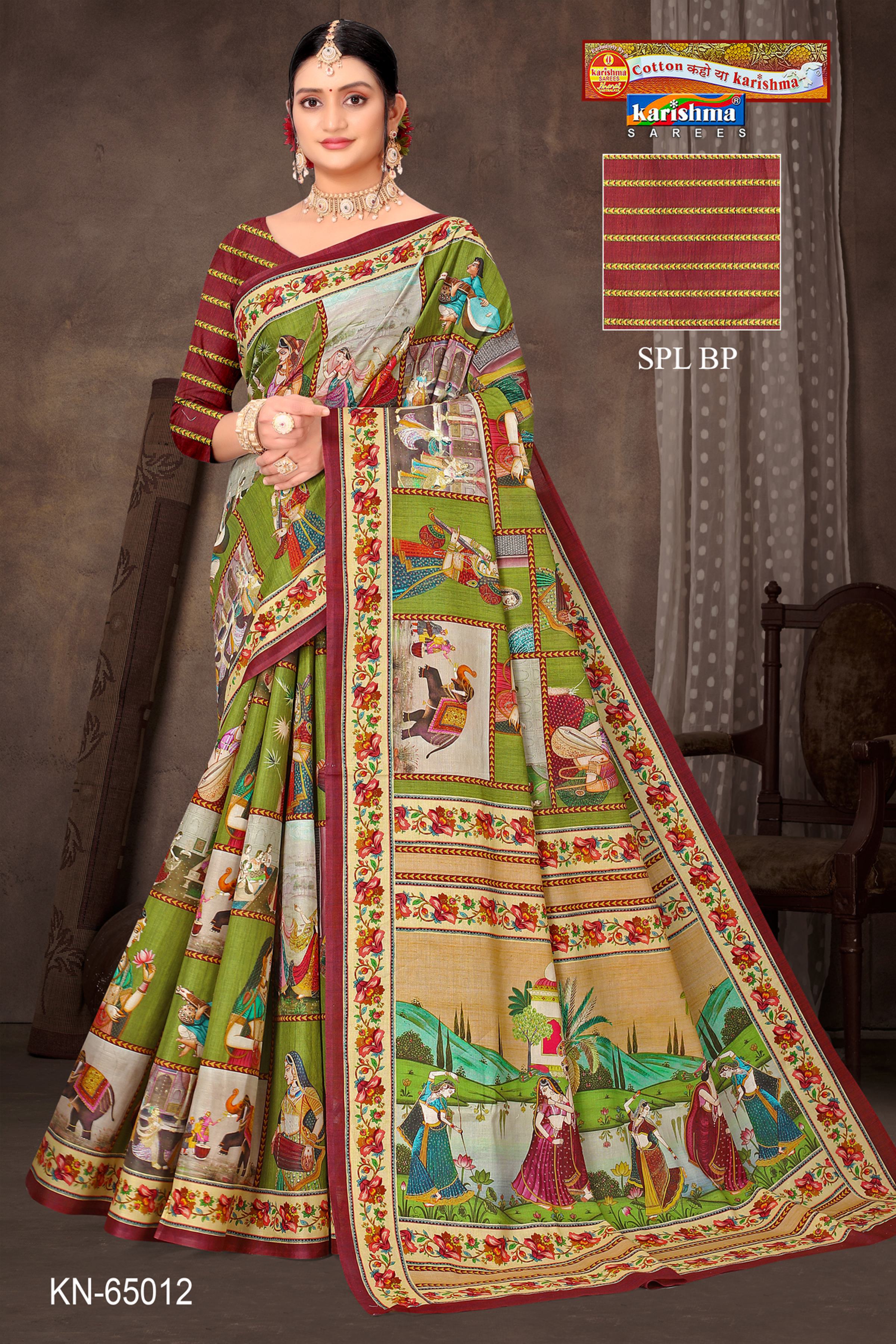 Olive Pure Cotton Malai (Soft) Saree With Traditional Animal Print And Vibrant Colour