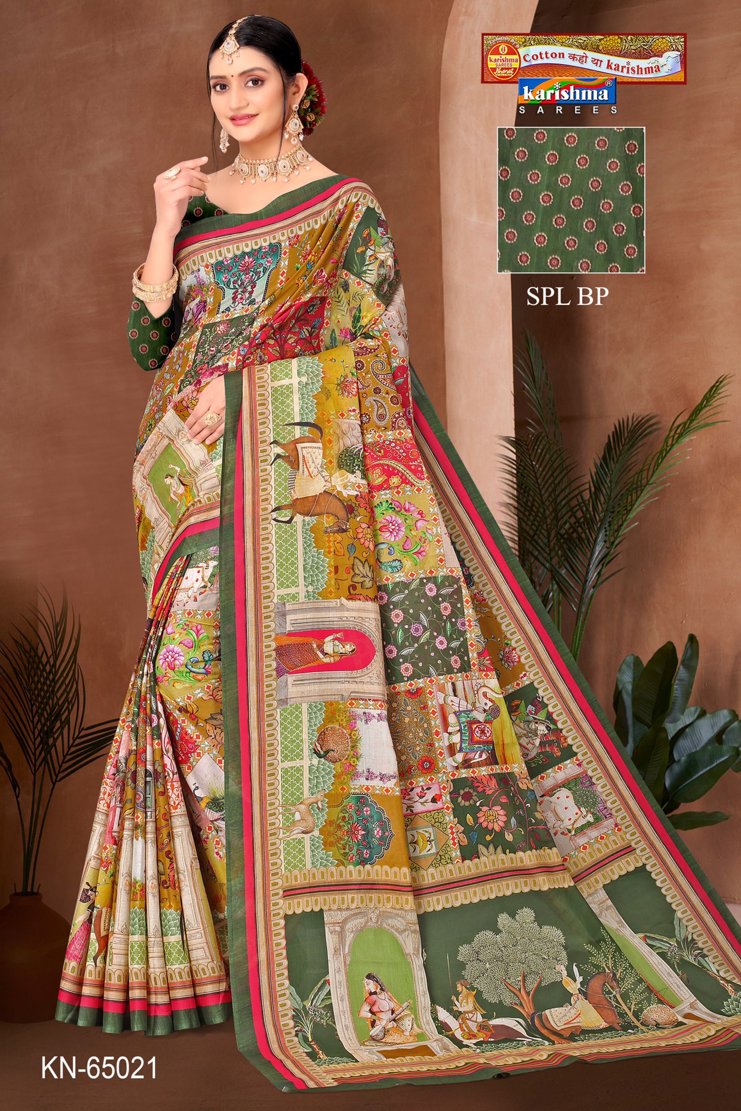 Green Pure Cotton Malai (Soft) Saree With Traditional Animal Print And Vibrant Colour