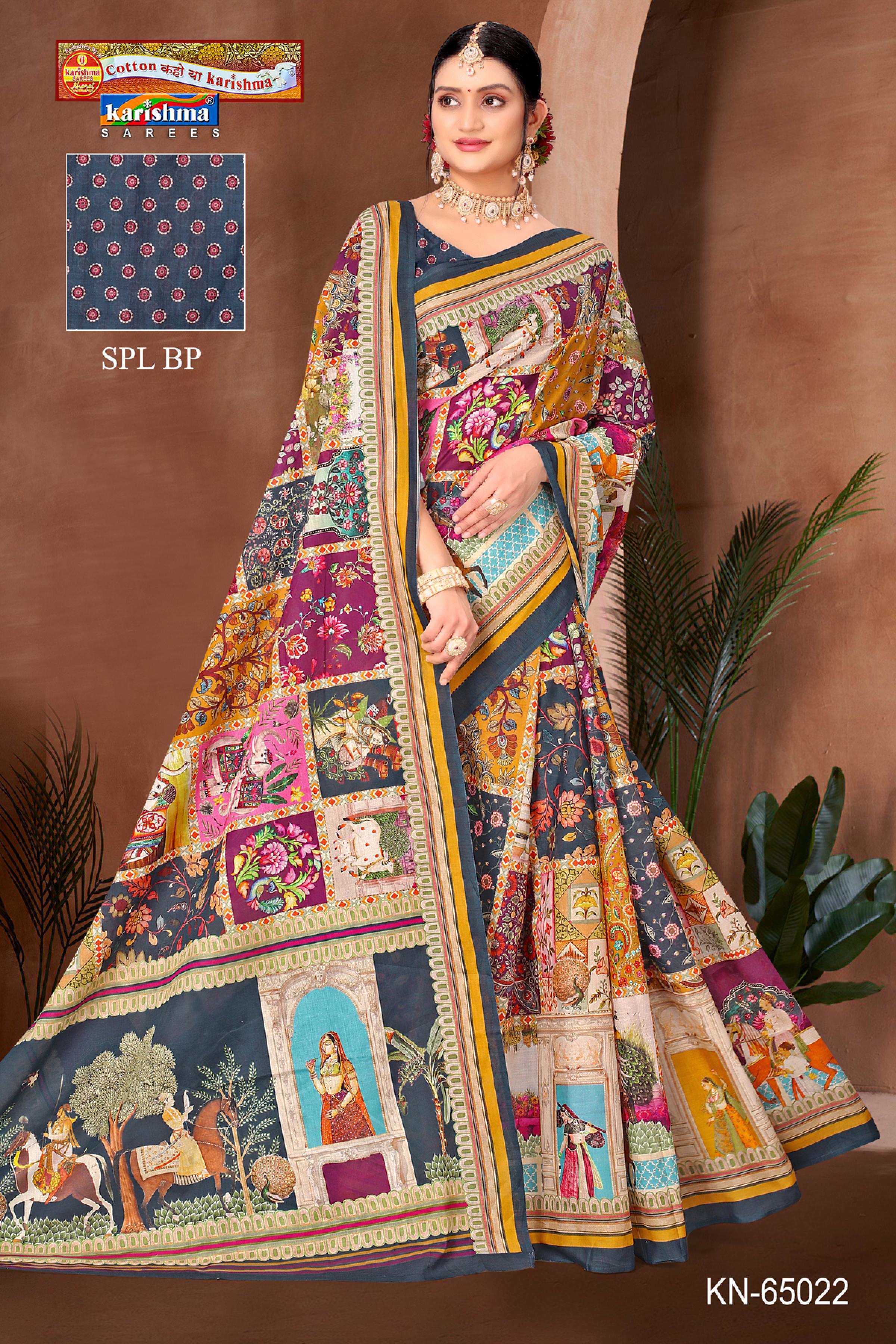Grey Pure Cotton Malai (Soft) Saree With Traditional Animal Print And Vibrant Colour