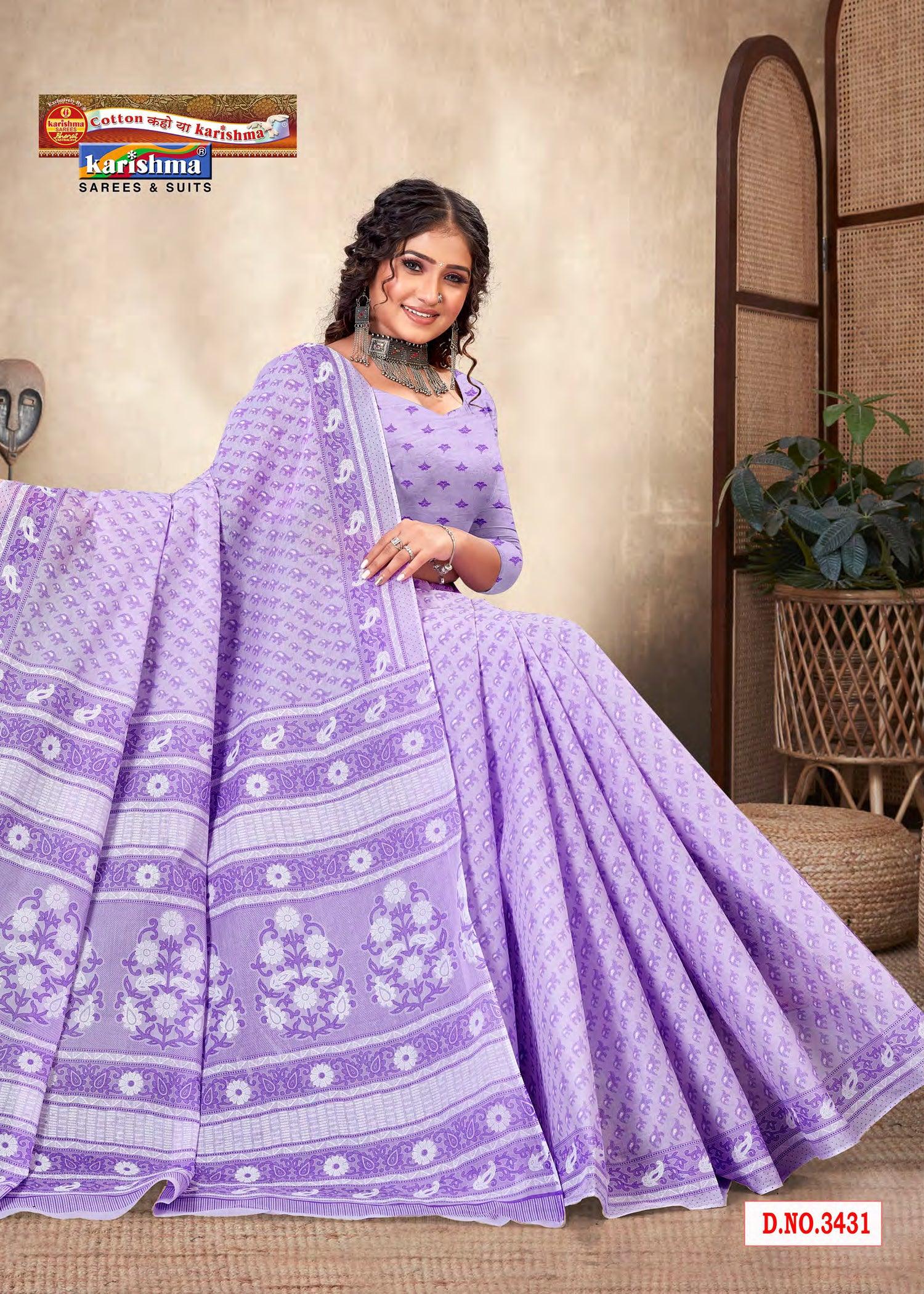 Purple Pastel Colour Traditional Paisley Design Printed Pure Soft Malai Cotton Saree - Shop Karishma