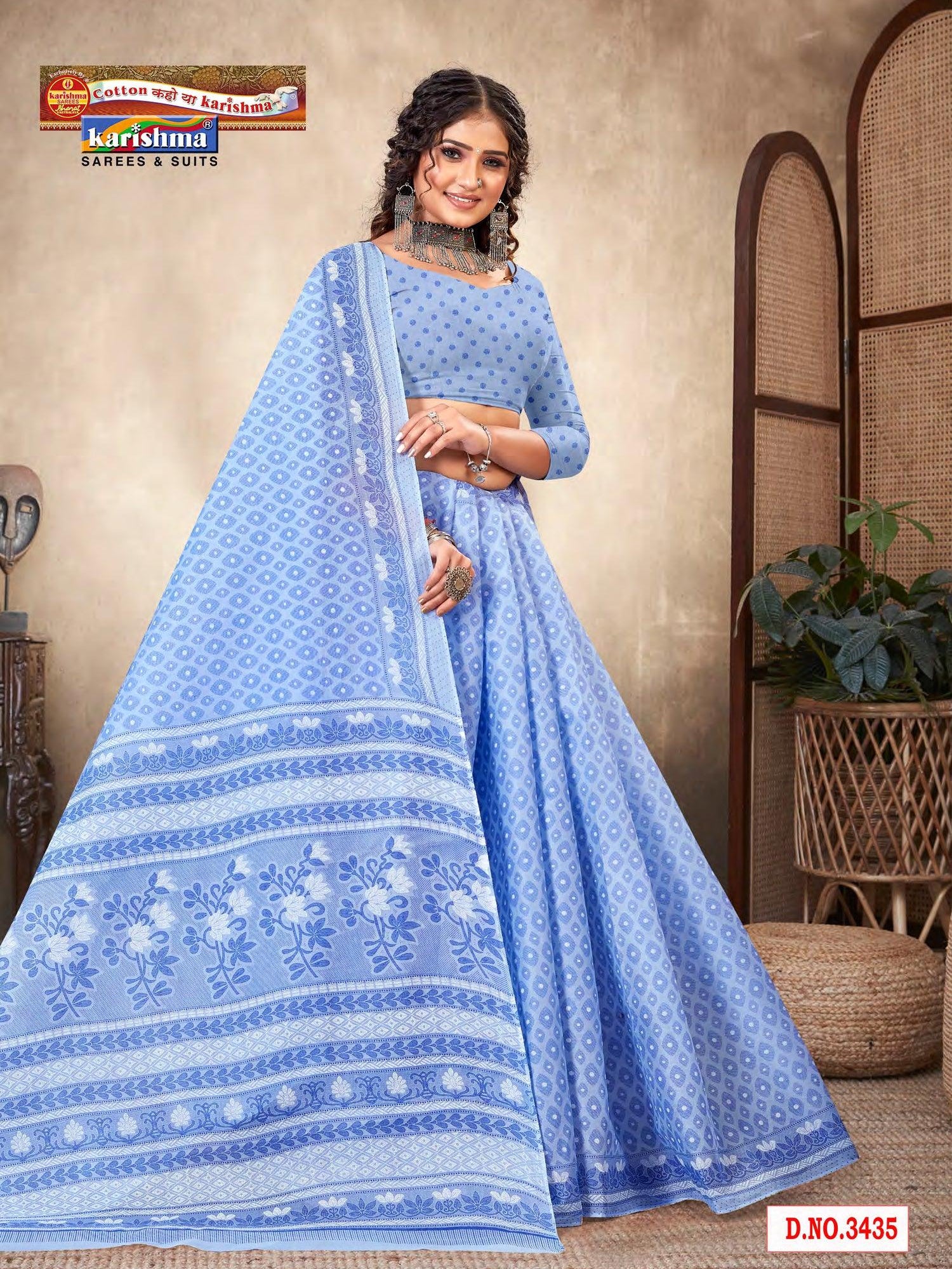 Blue Pastel Colour Traditional Paisley Design Printed Pure Soft Malai Cotton Saree - Shop Karishma