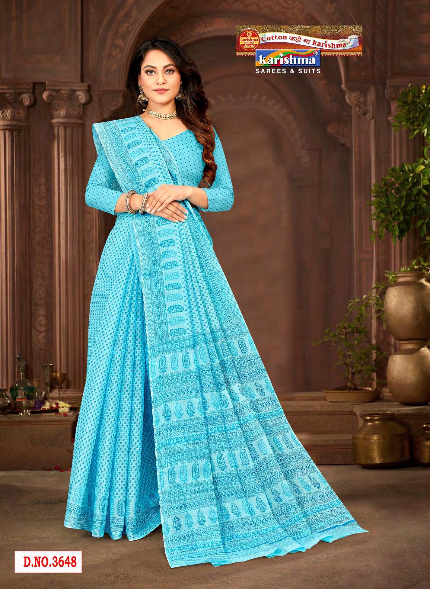 Blue Pastel Colour Traditional Butti Design Printed Pure Soft Malai Cotton Saree - Shop Karishma