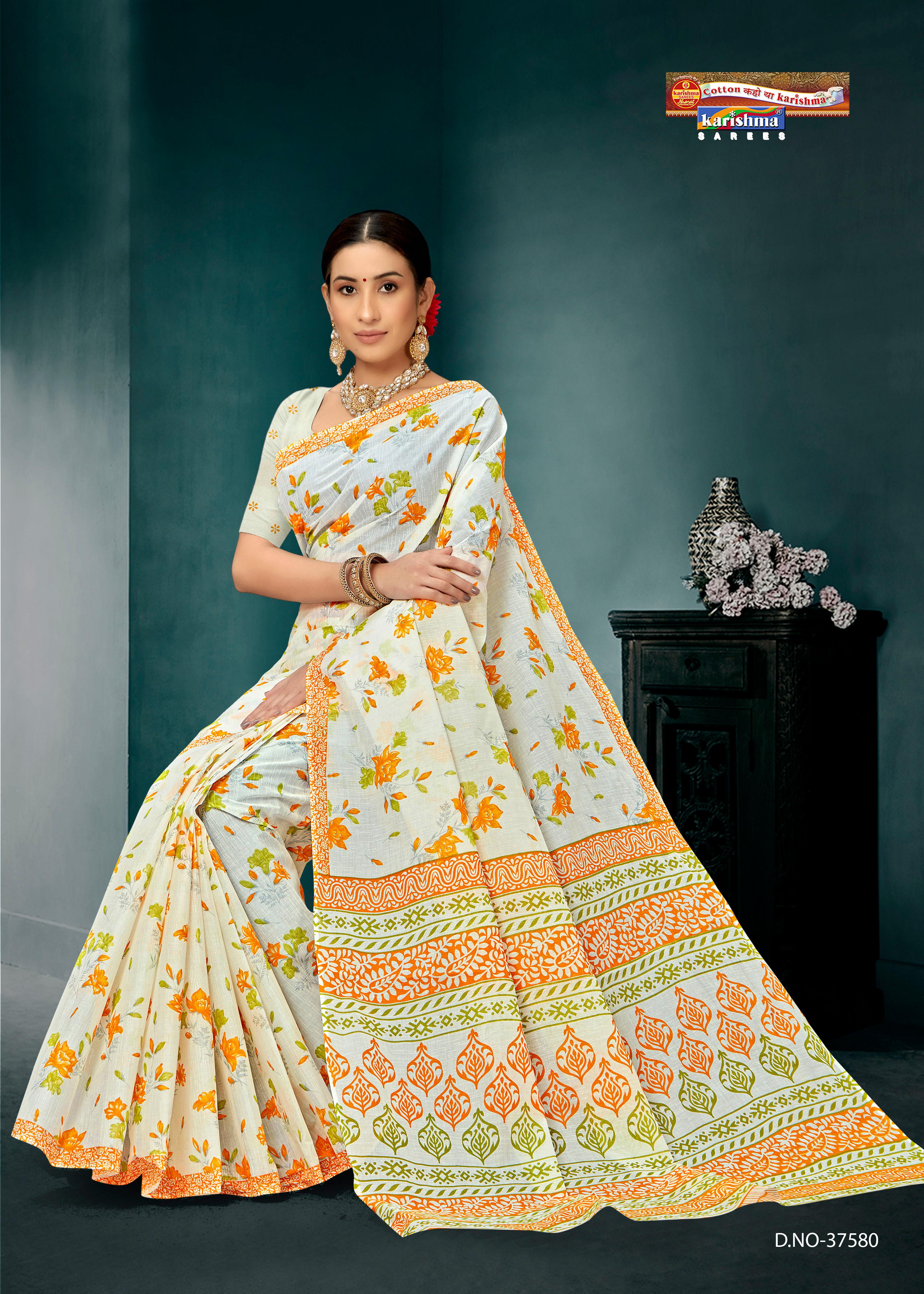 Traditional White Gold Floral Design Pattern Printed Soft Malai Everyday Wear Pure Cotton Saree