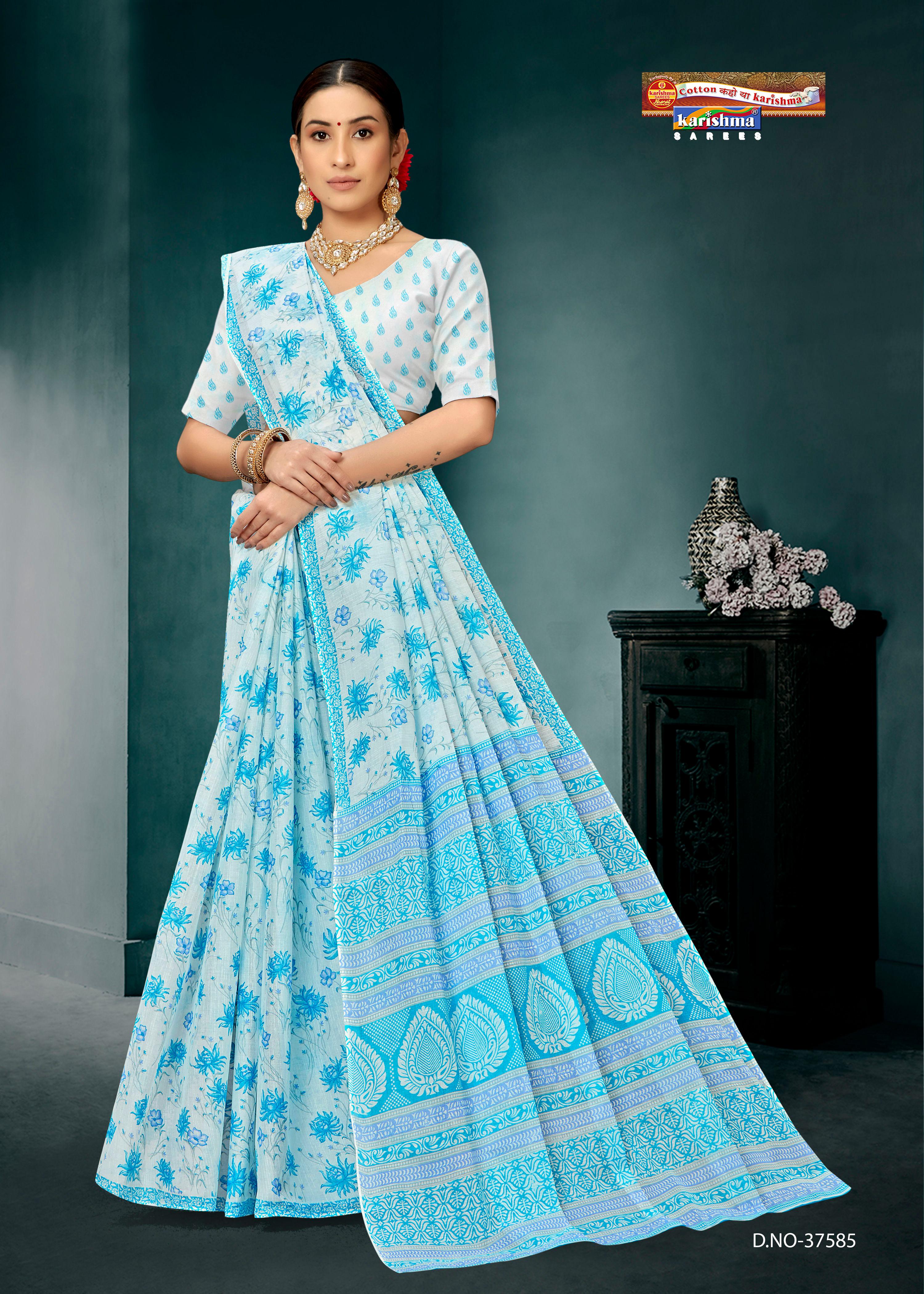 Traditional White Sky Blue Floral Design Pattern Printed Soft Malai Everyday Wear Pure Cotton Saree