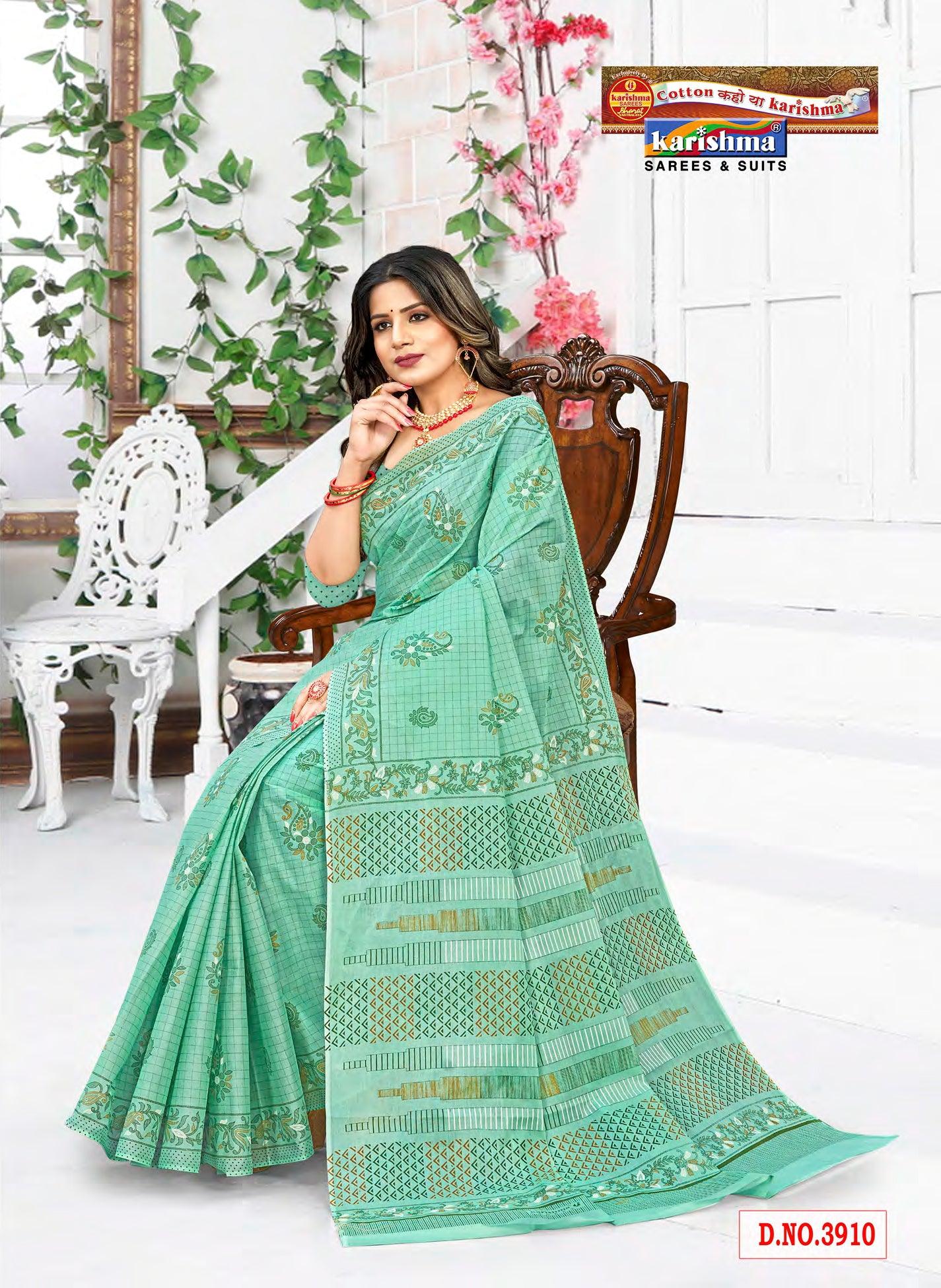 Green Checkered Traditional Motif Design Printed Pure Soft Malai Cotton Saree - Shop Karishma