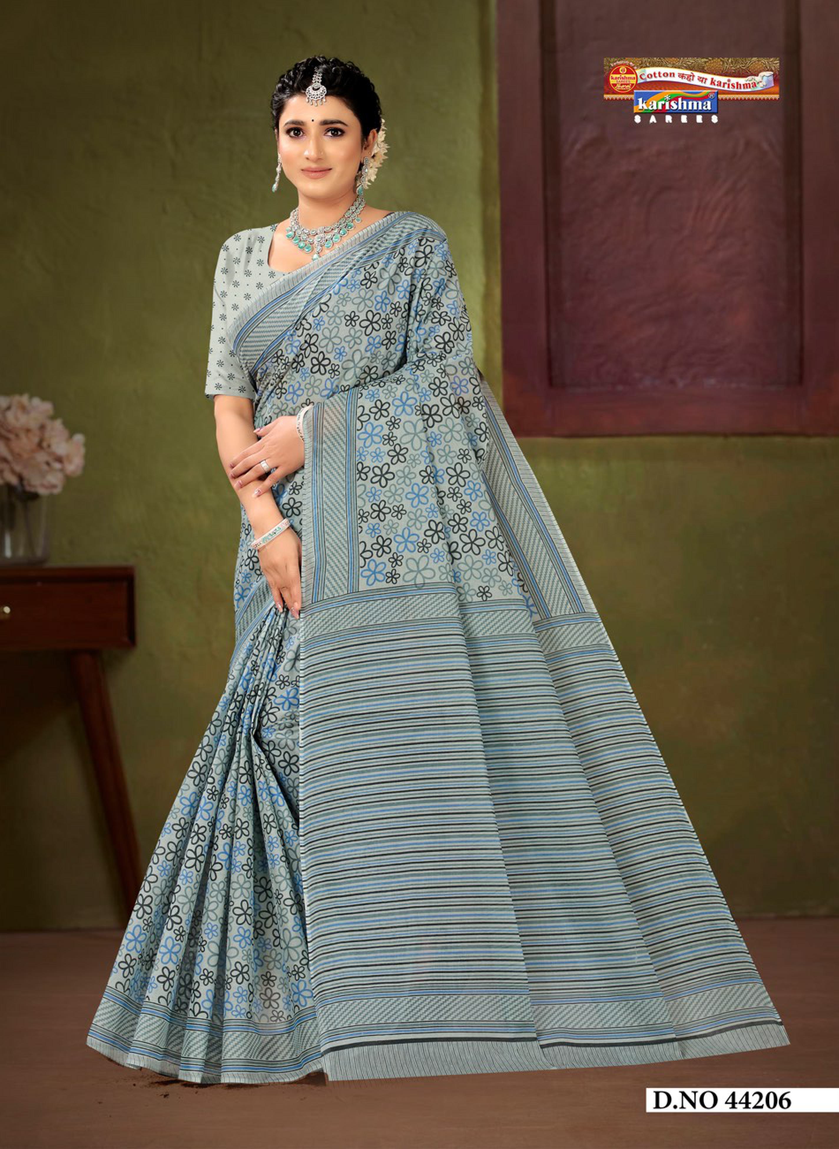 Grey Pastel Sanganeri Floral Design Printed Pure Soft Malai Cotton Saree