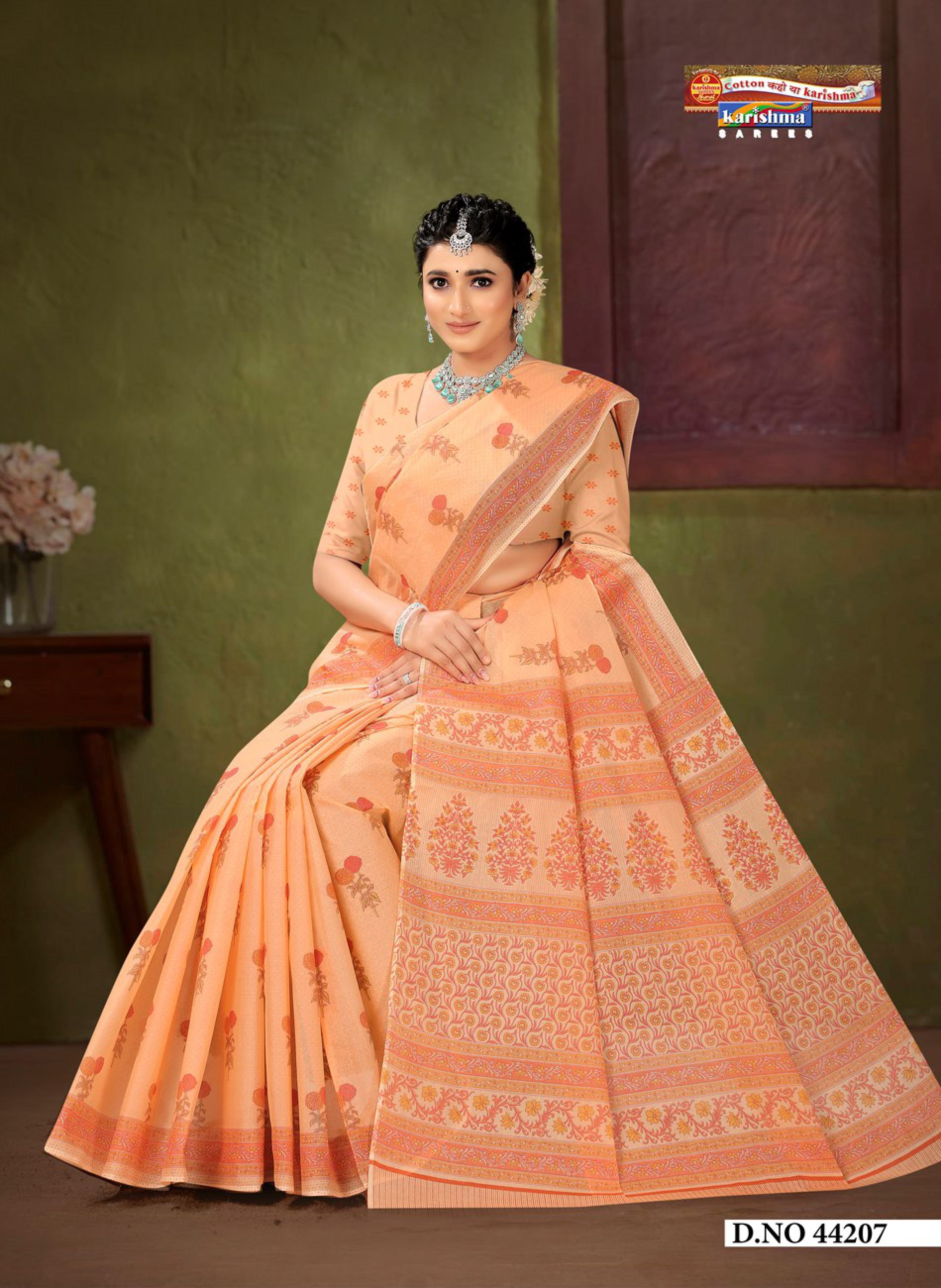 Orange Pastel Sanganeri Floral Design Printed Pure Soft Malai Cotton Saree