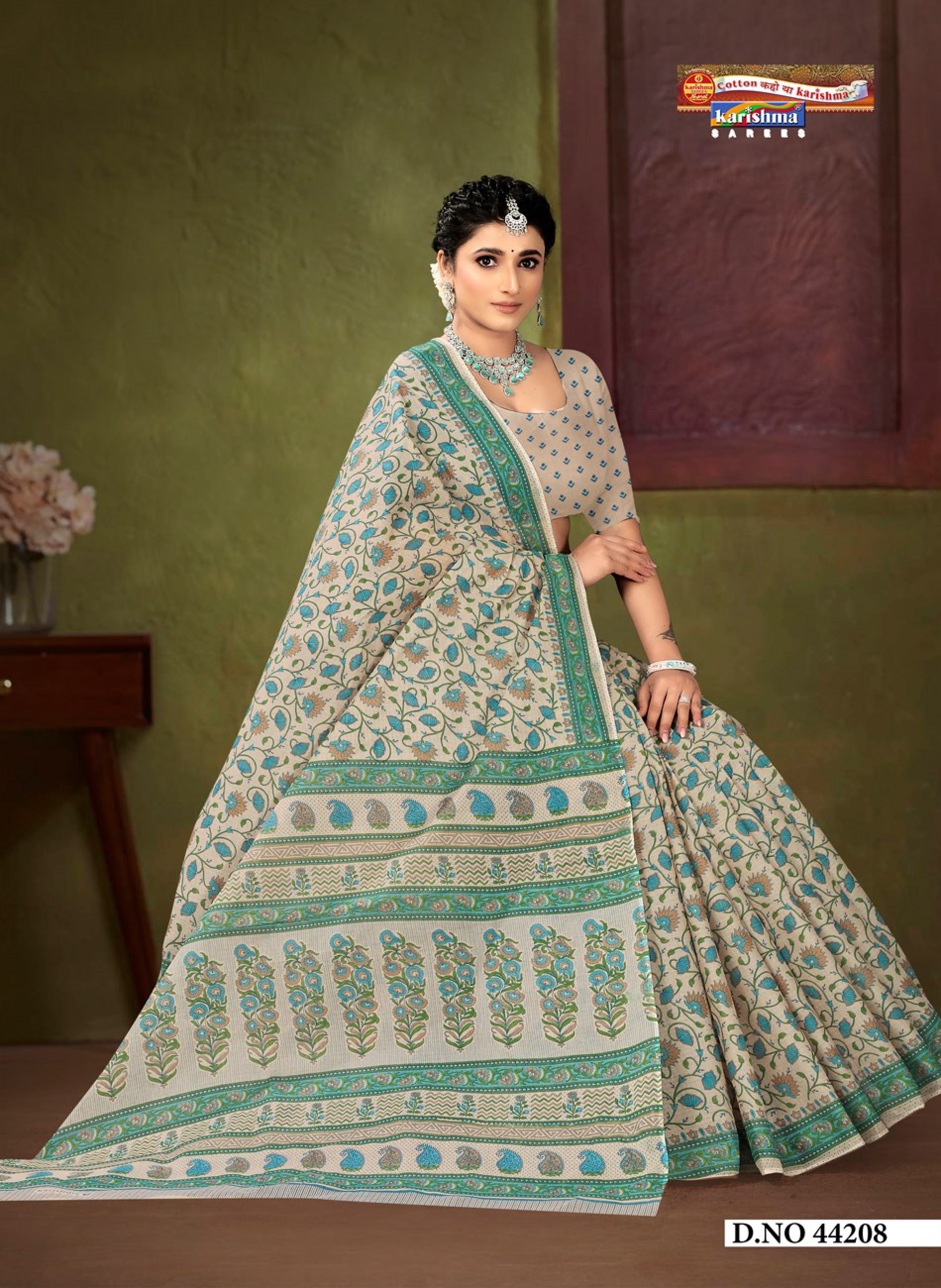 Beige Pastel Sanganeri Floral Design Printed Pure Soft Malai Cotton Saree