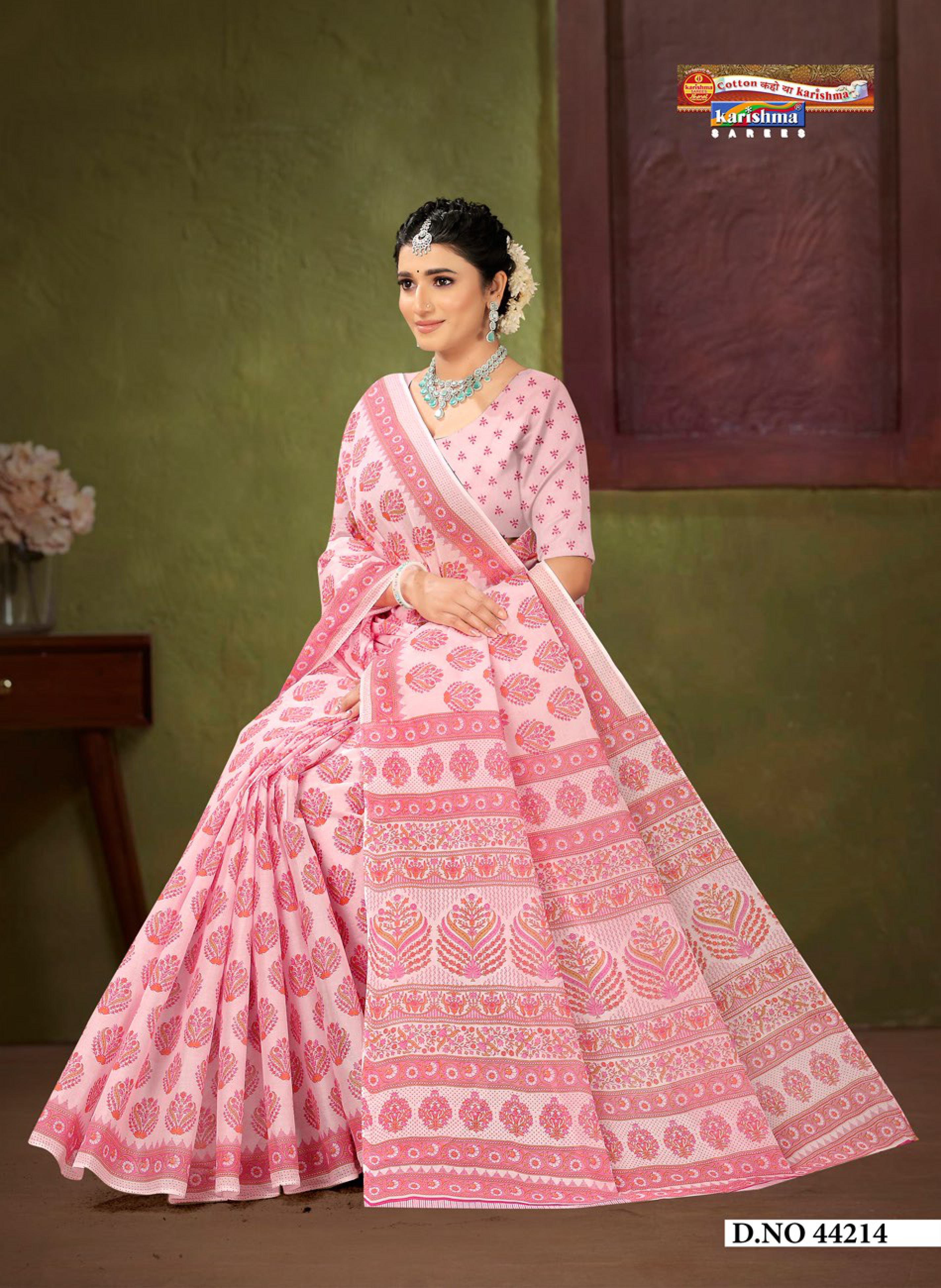 Pink Pastel Sanganeri Floral Design Printed Pure Soft Malai Cotton Saree