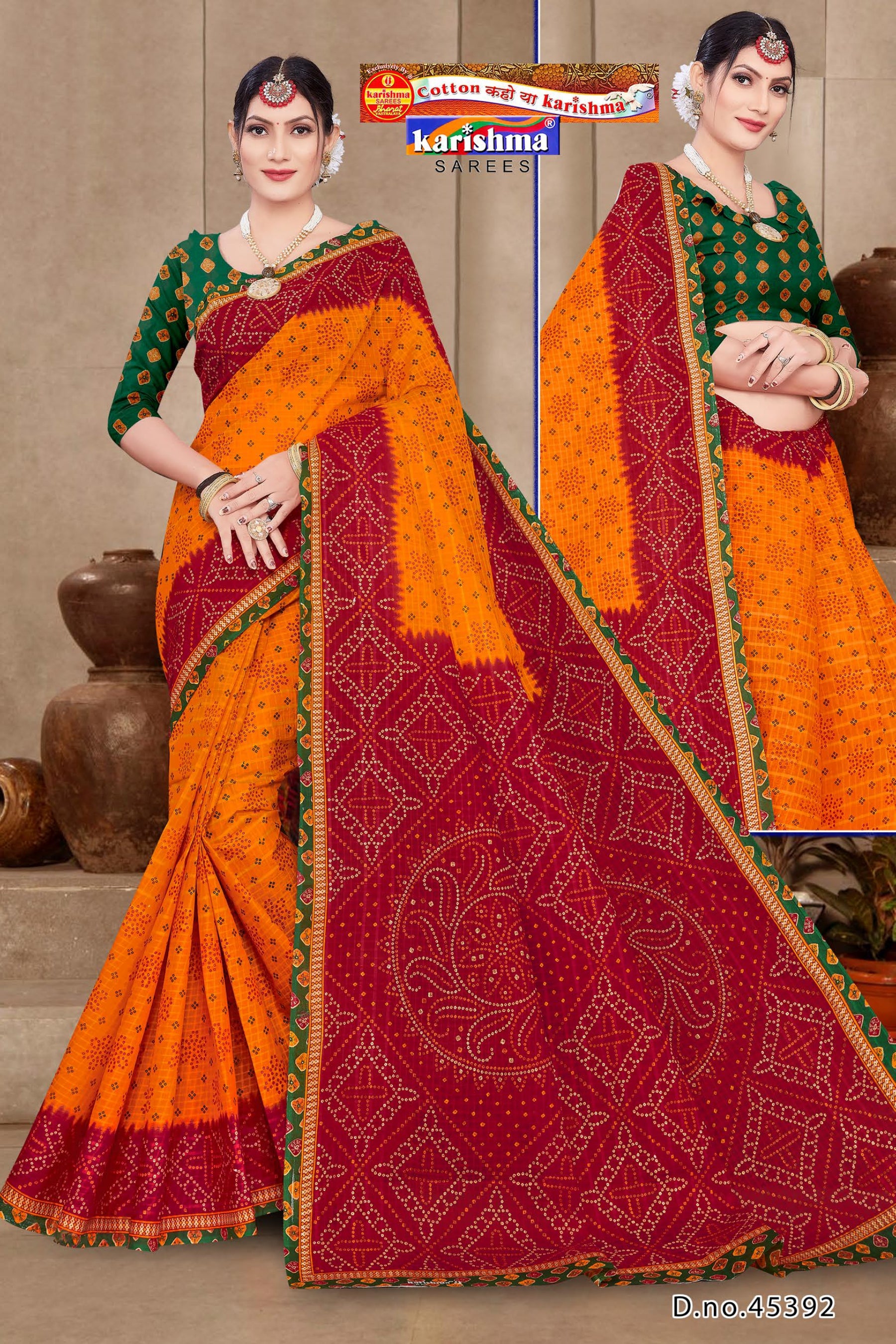 Yellow Traditional Yellow and Red Pure Cotton (mulmul) Saree with Intricate Bandhani/Bandhej Design