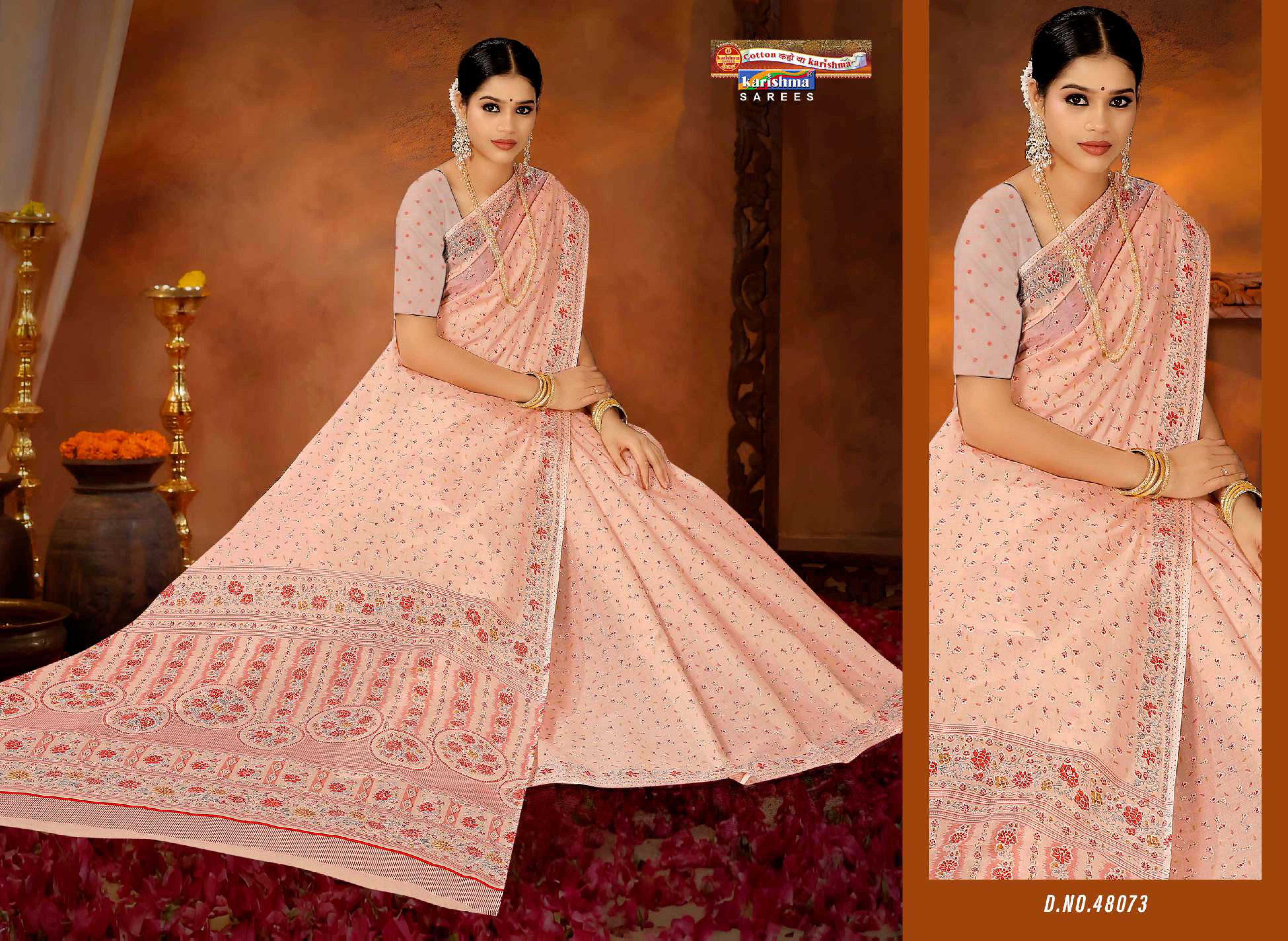 Peach Pure Cotton Mulmul (Medium Soft) Saree With Delicate Floral Print And Border