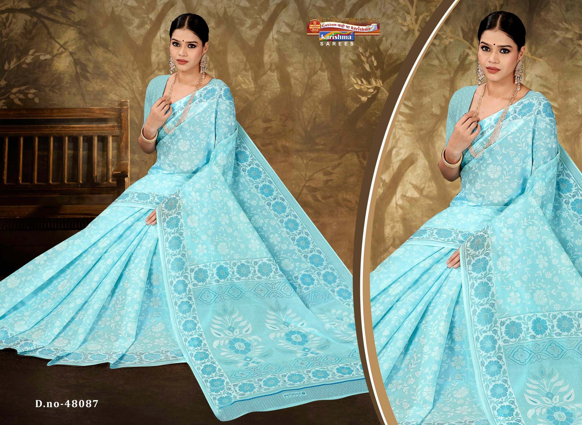 Beautiful Sky Blue Pure Cotton Malai (Soft) Saree With Elegant Floral Print
