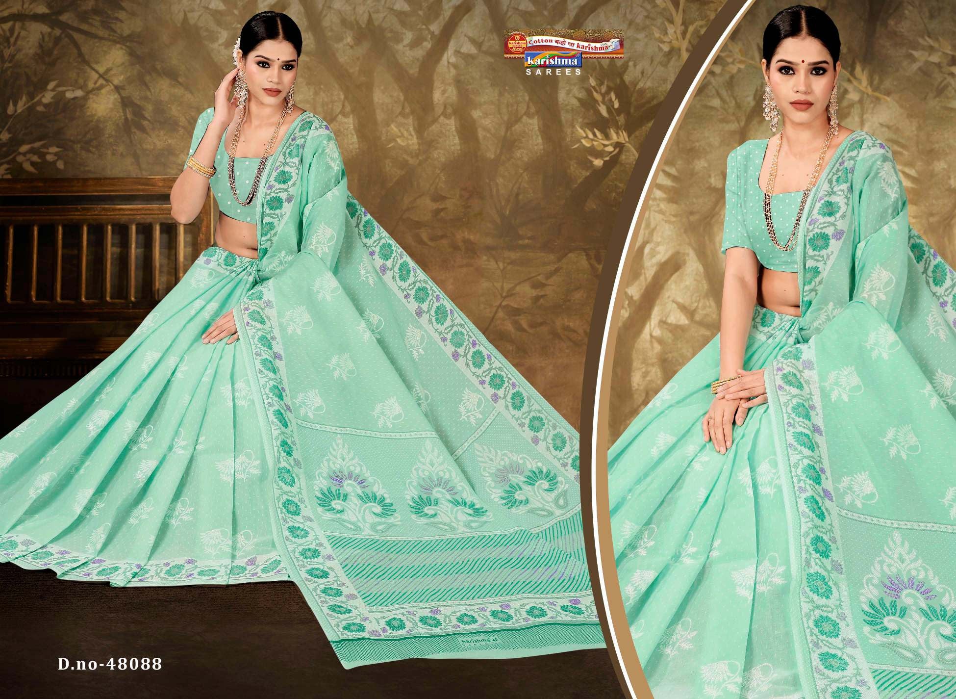 Beautiful Sea Green Pure Cotton Malai (Soft) Saree With Elegant Floral Print