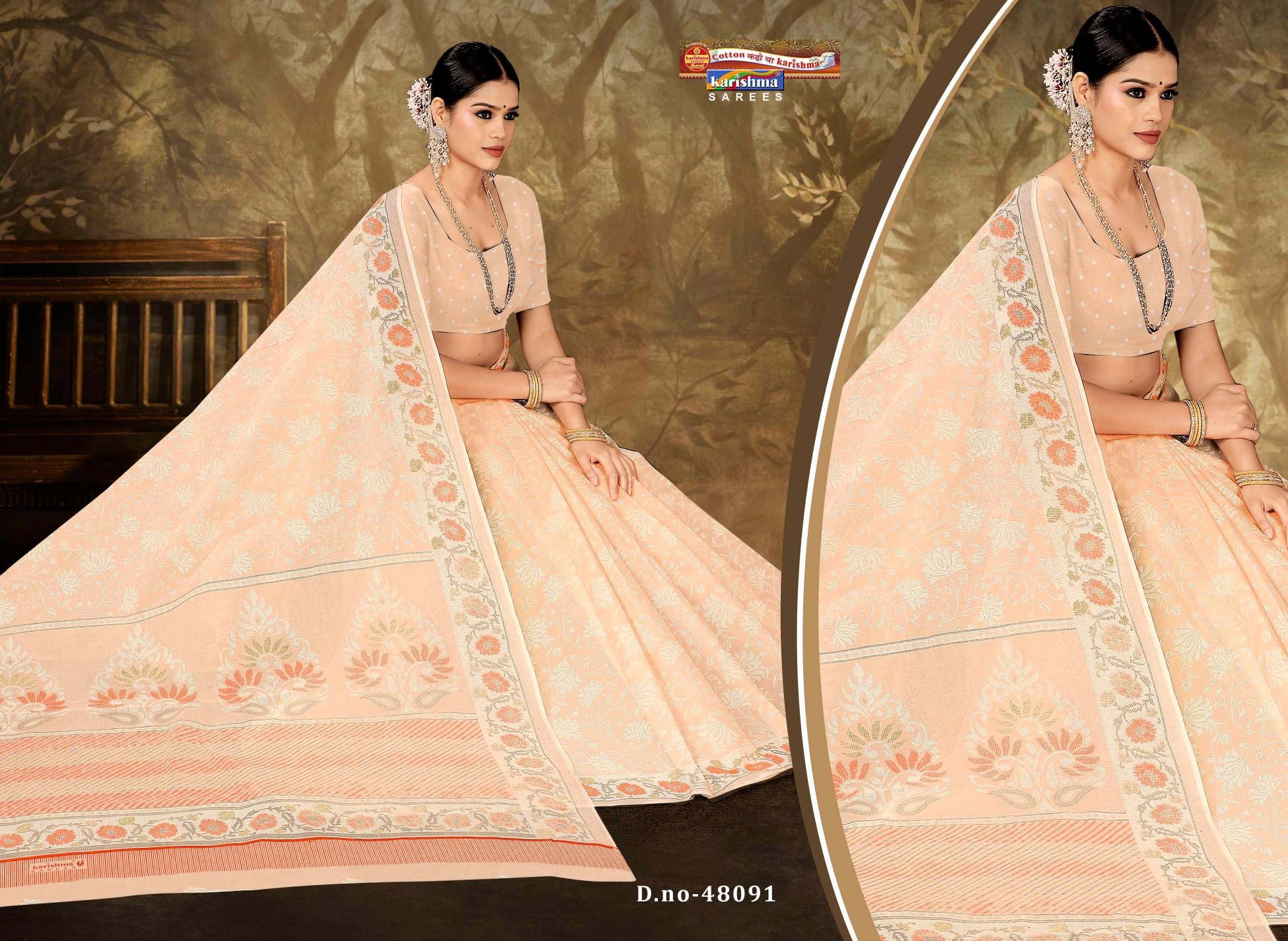 Beautiful Peach  Pure Cotton Malai (Soft) Saree With Elegant Floral Print