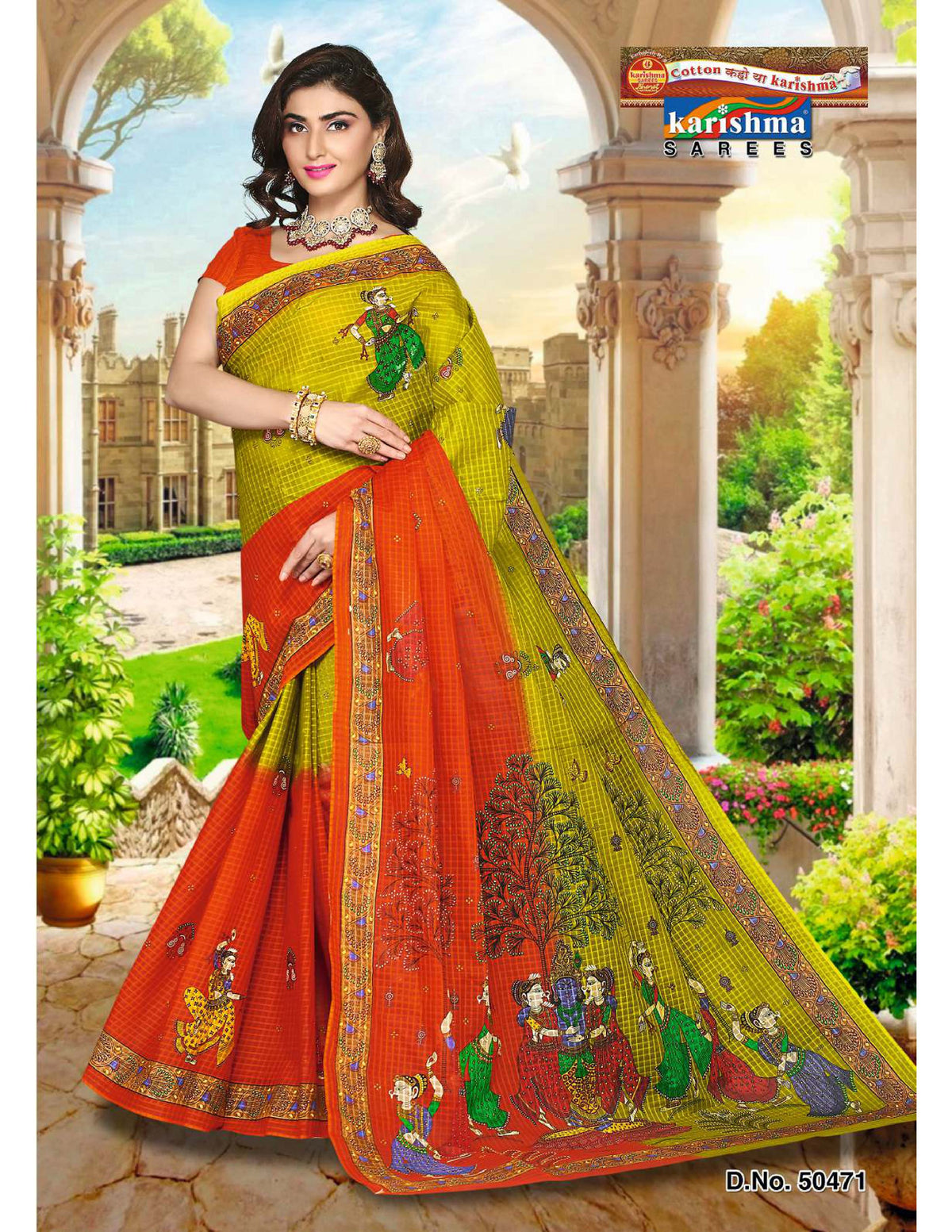 Orange And Oilve Elephant And Figure Design Mulmul (Crisp) saree