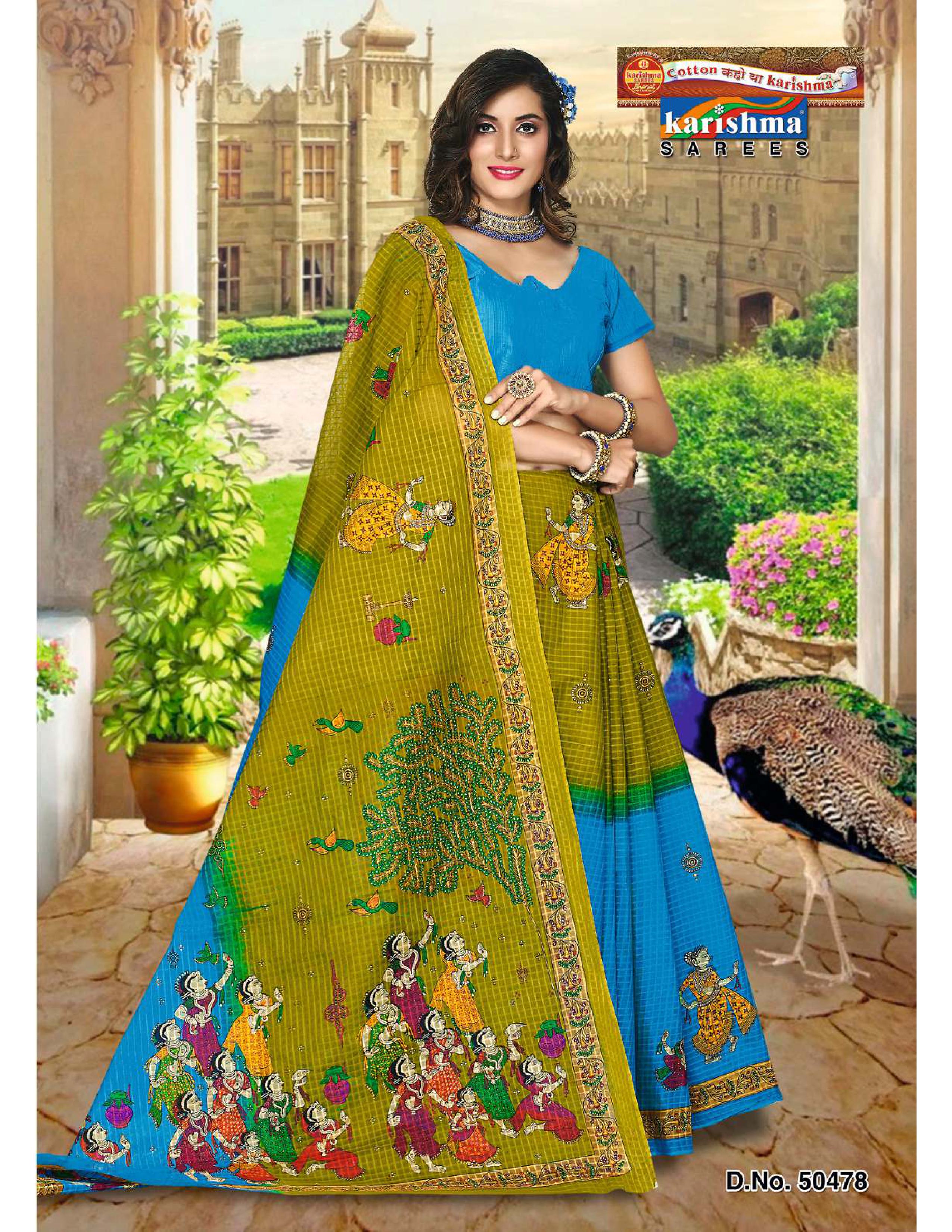 Blue And Olive Brown Elephant And Figure Design Mulmul (Crisp) saree