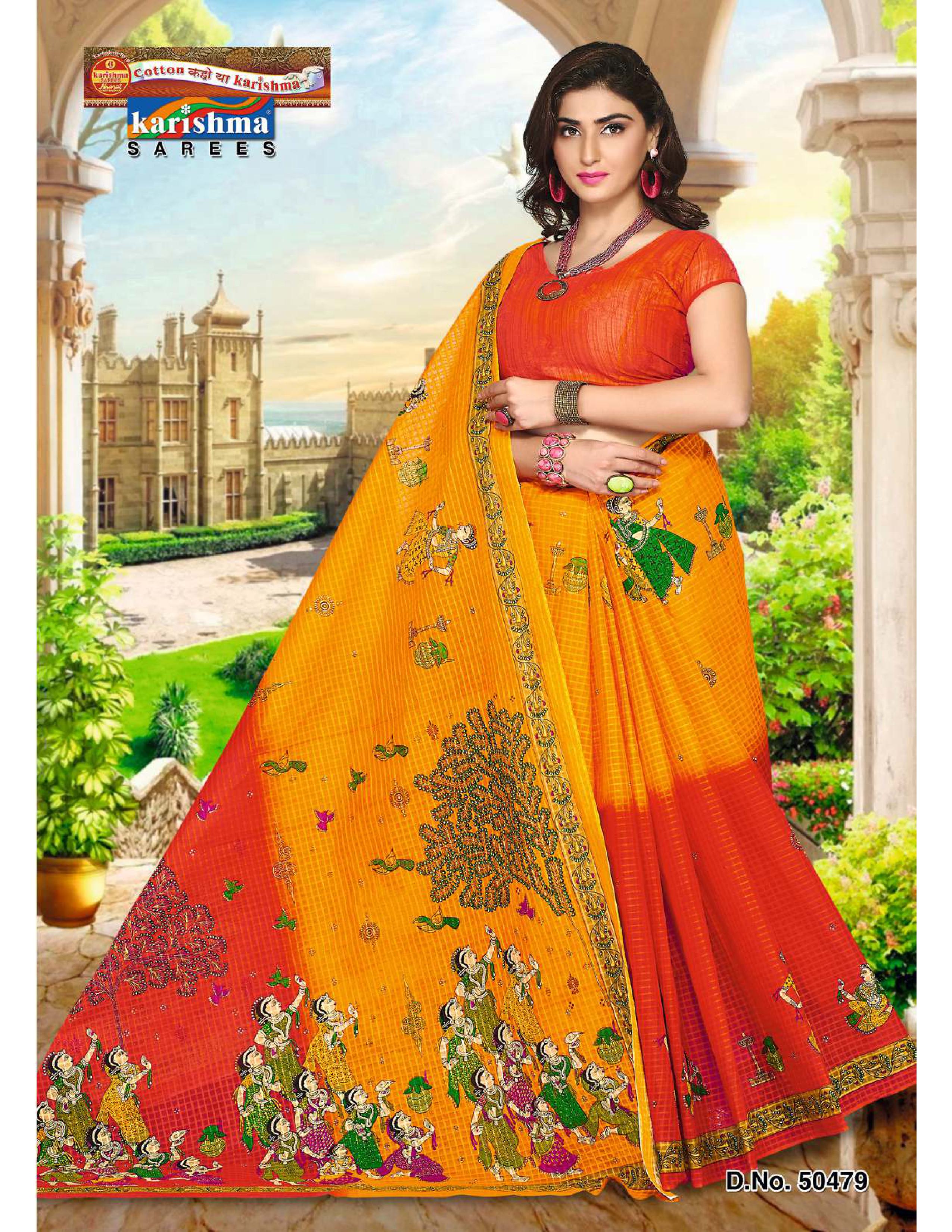 Yellow And Orange  Elephant And Figure Design Mulmul (Crisp) saree