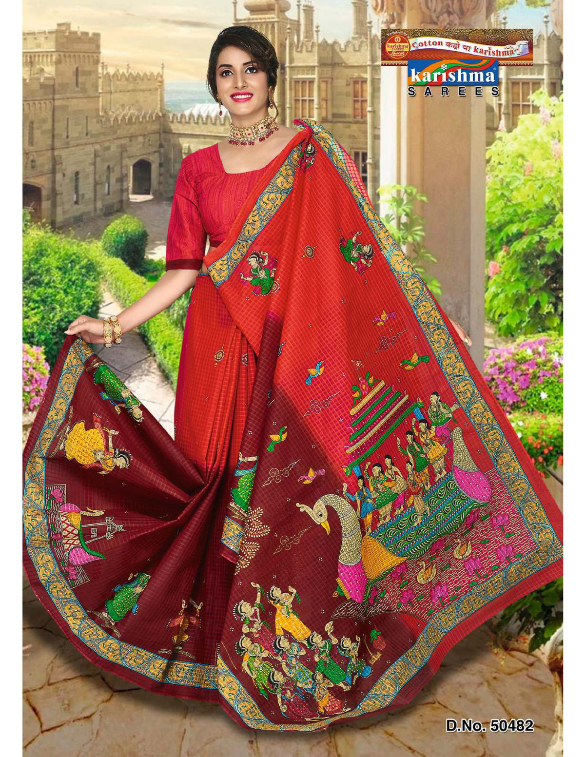 Orange And Brown Elephant And Figure Design Mulmul (Crisp) saree
