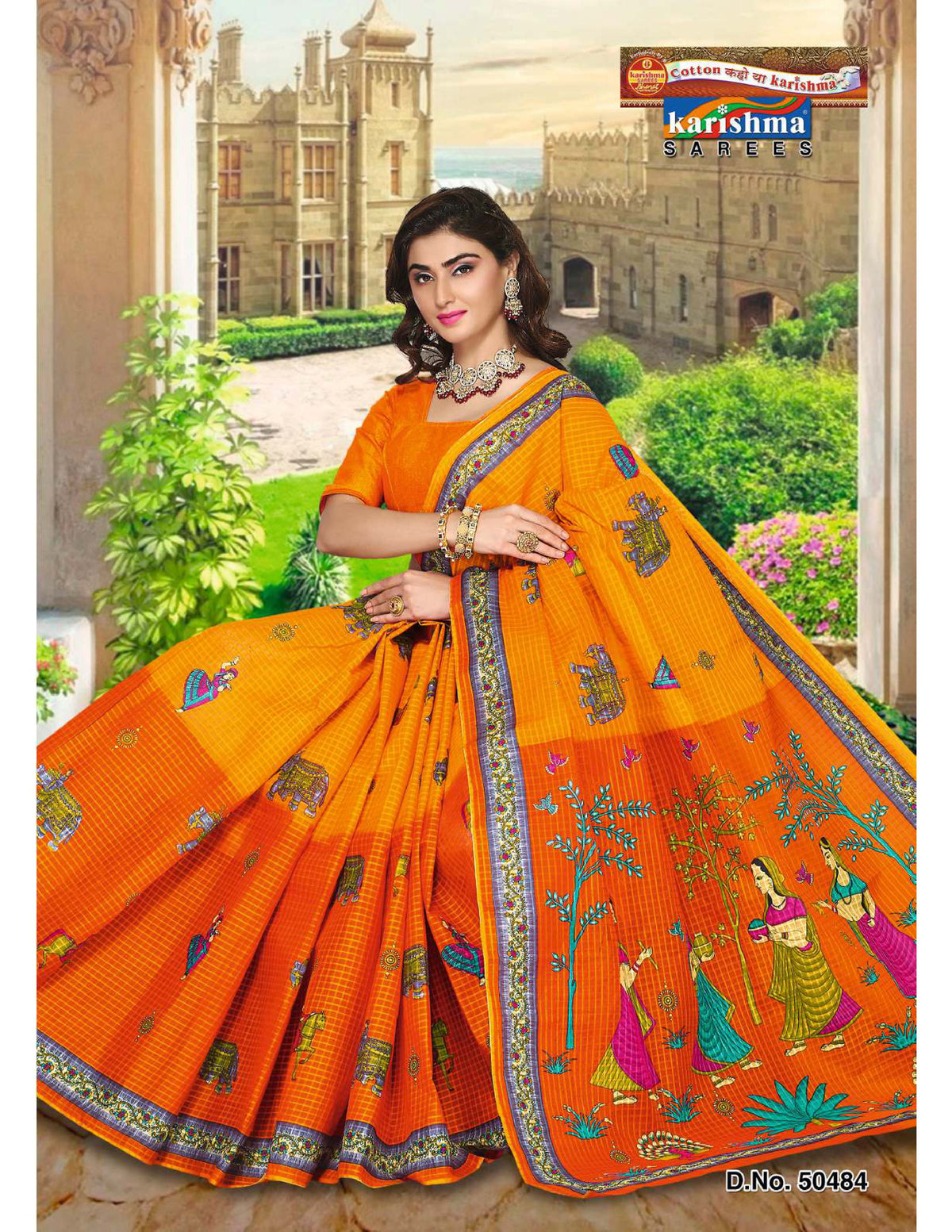 Yellow And Orange Elephant And Figure Design Mulmul (Crisp) saree