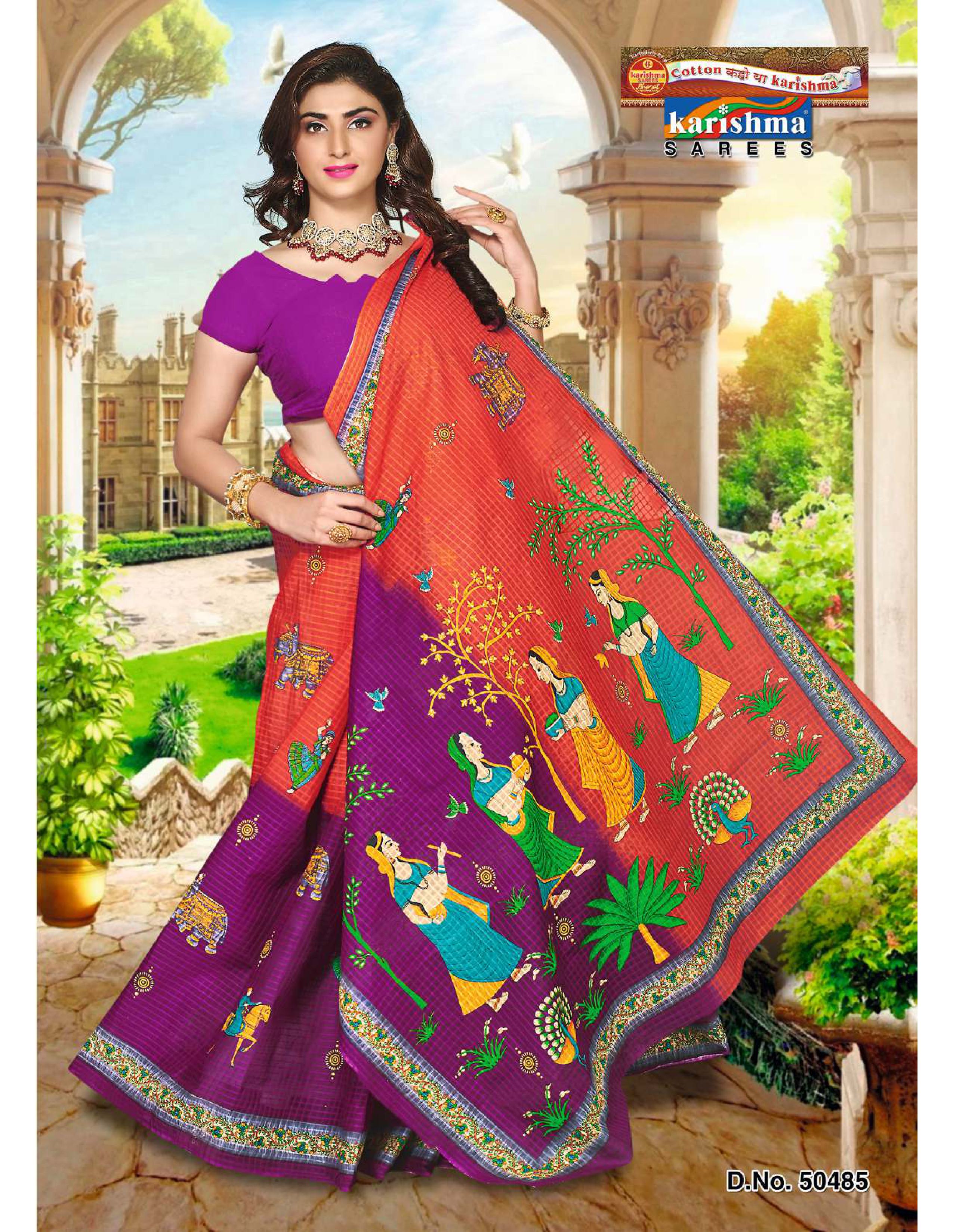 Purple And Orange Elephant And Figure Design Mulmul (Crisp) saree