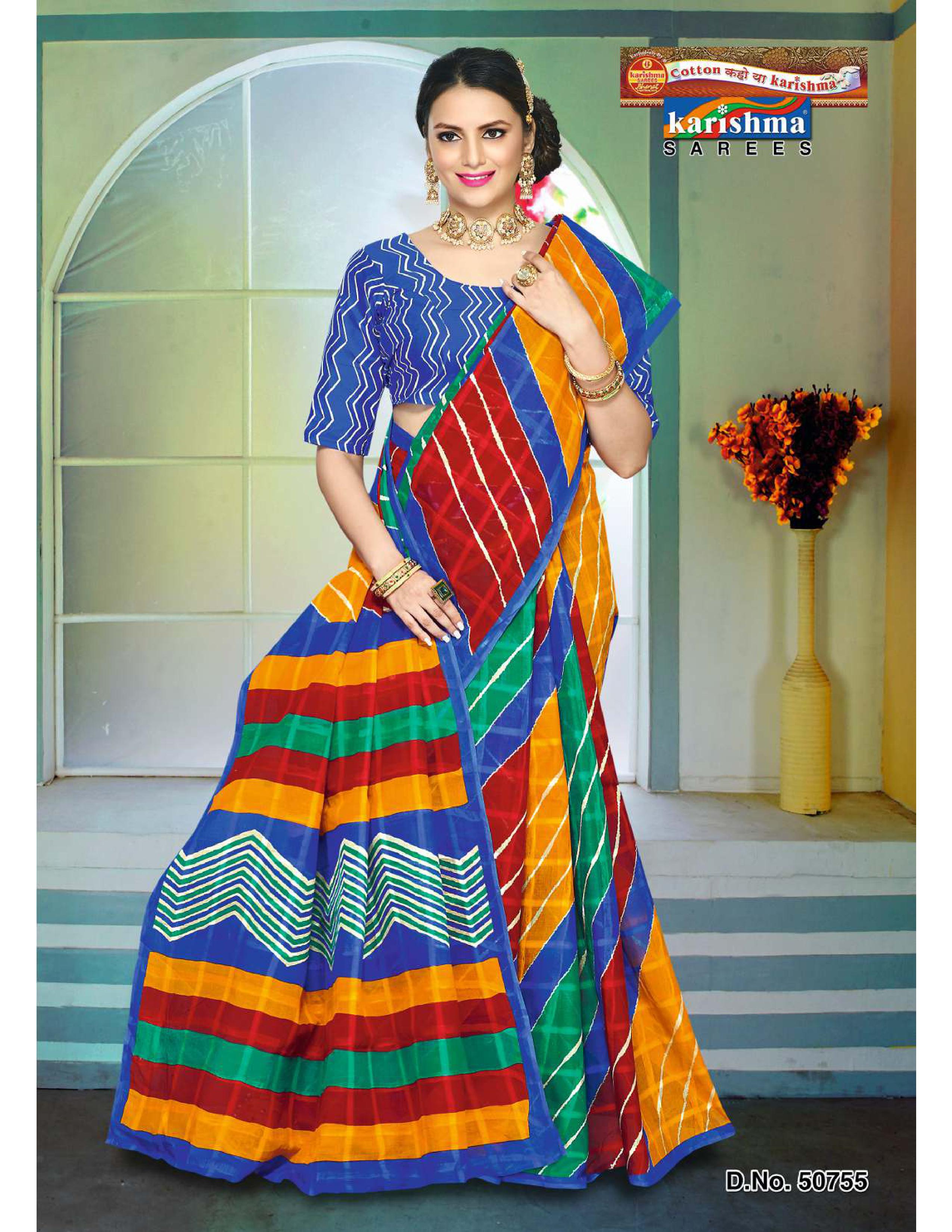 Blue Traditional Colourful Tie Dye Style Leheriya Pattern Printed Mulmul Pure Cotton Saree