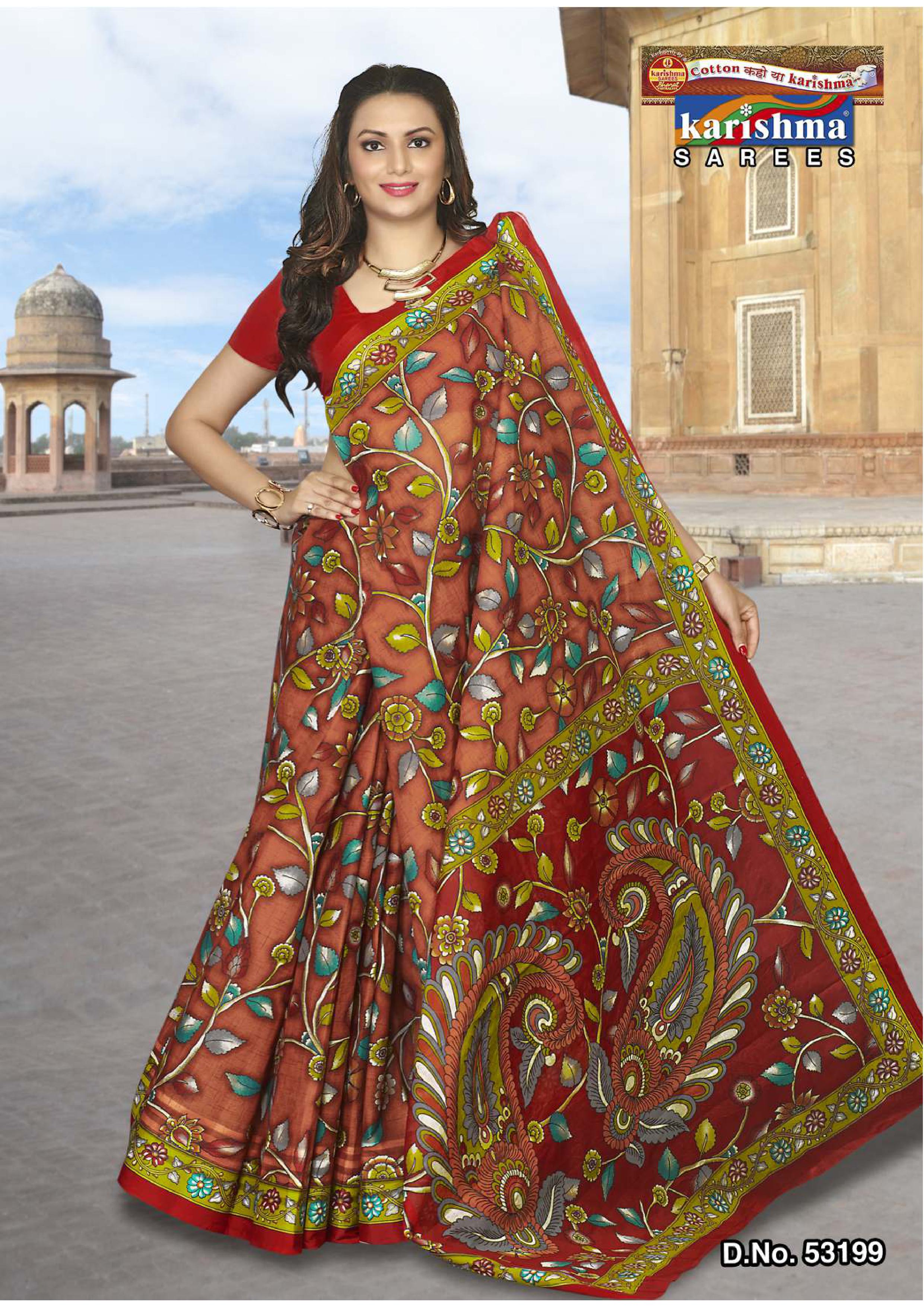 Brick Pure Coton Mulmul (Stiff) Saree With Figure Print