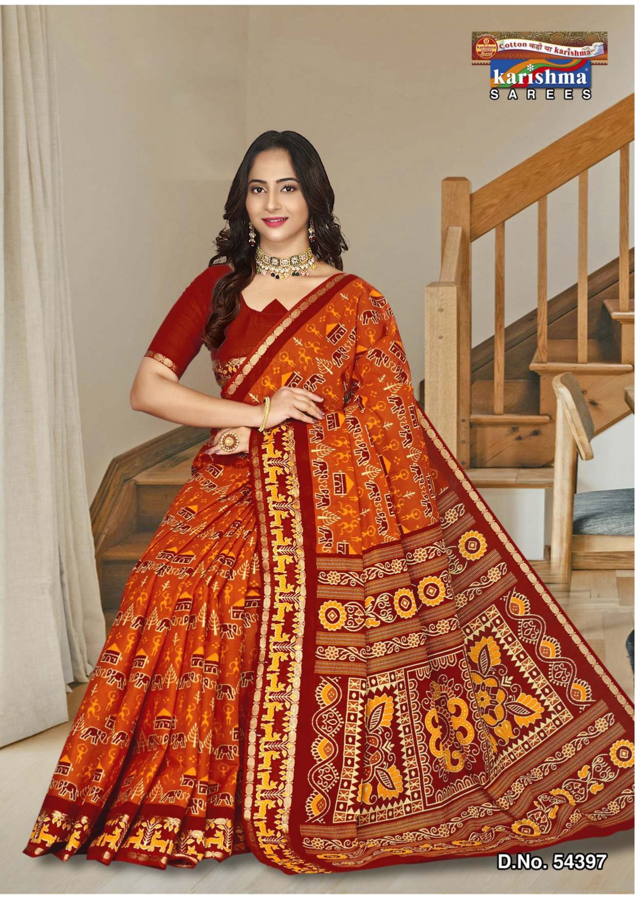 Classic Orange Pure Cotton Mulmul (Medium Soft) Saree With Traditional Warli Print