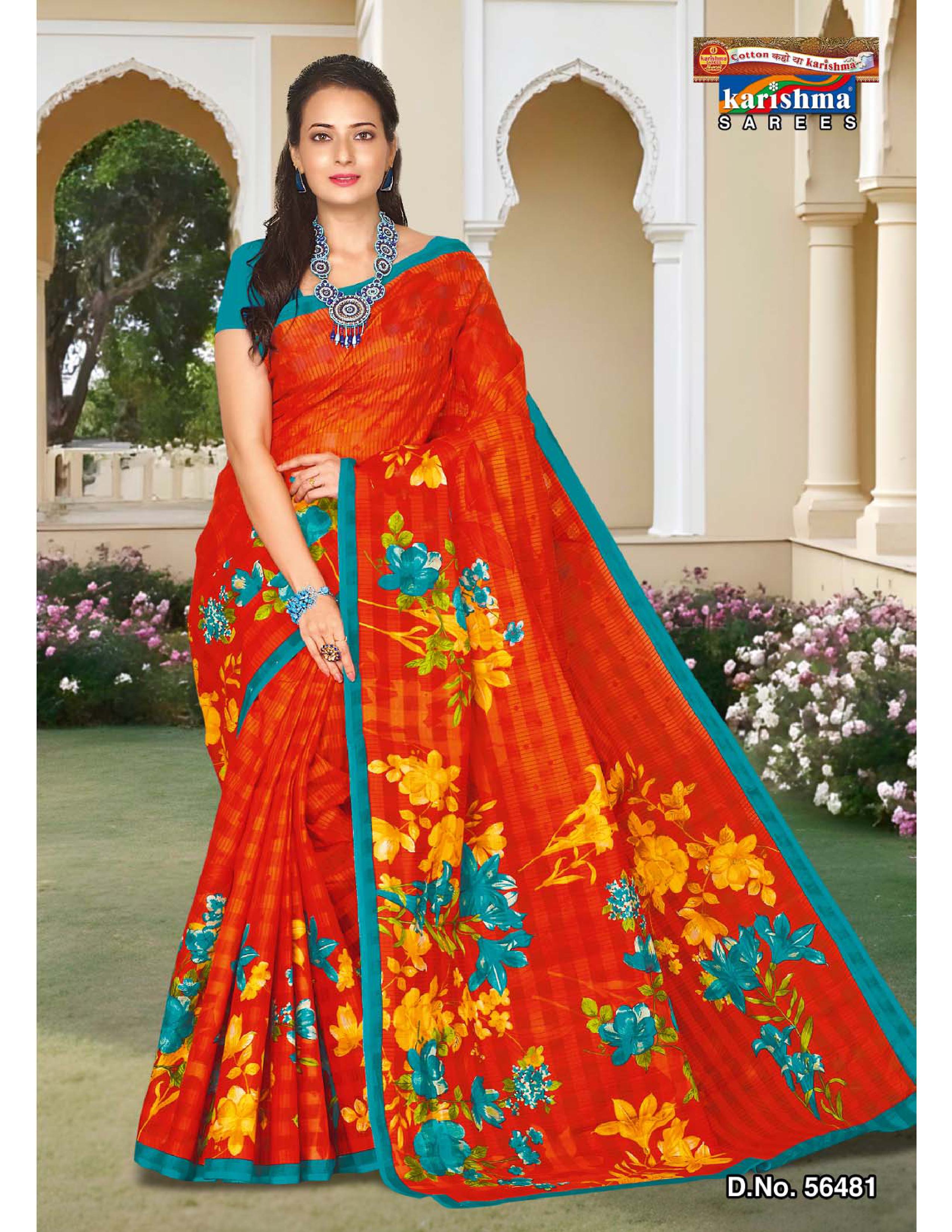 Red Pure Cotton Mulmul (Stiff) Saree With Floral Print And Bright Colour