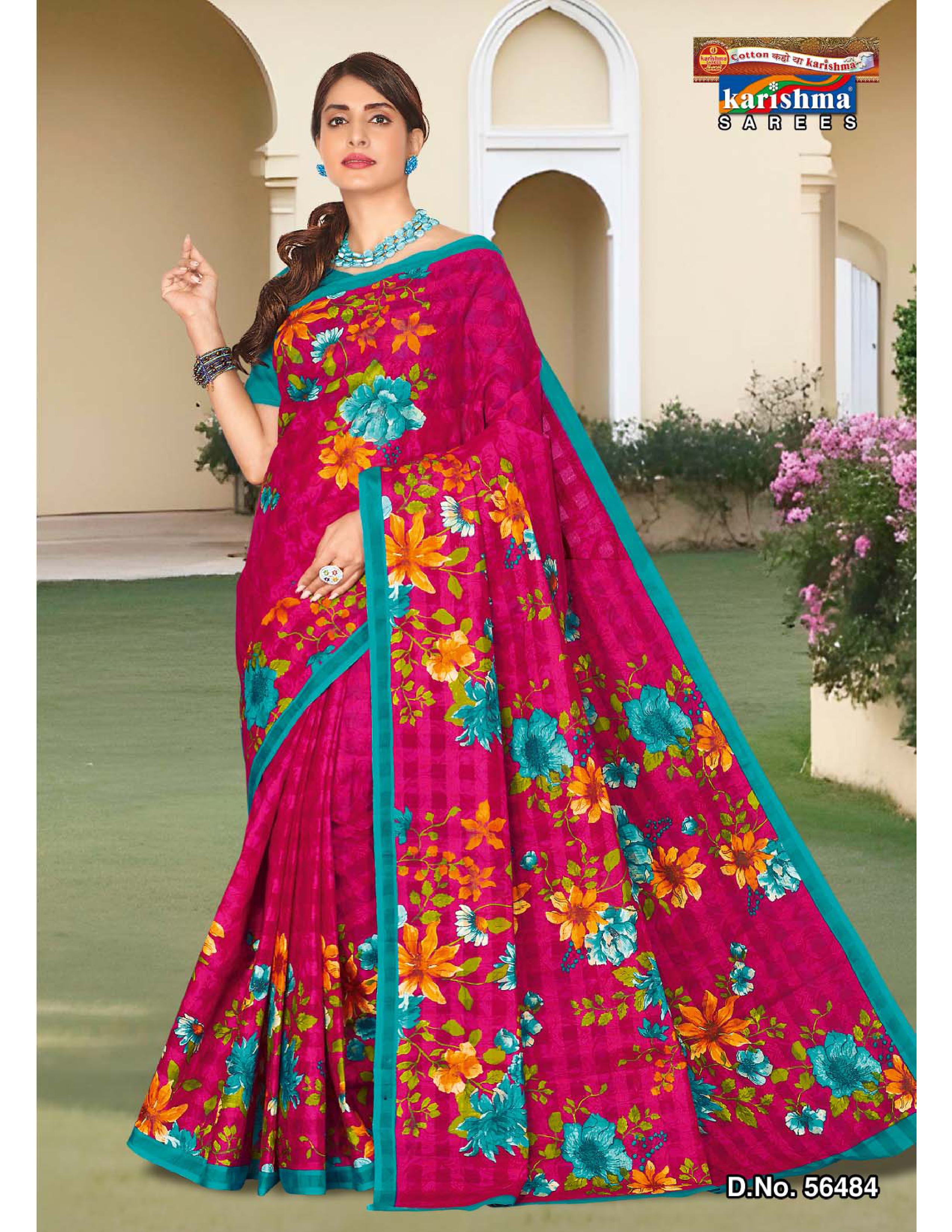 Pink Pure Cotton Mulmul (Stiff) Saree With Floral Print And Bright Colour