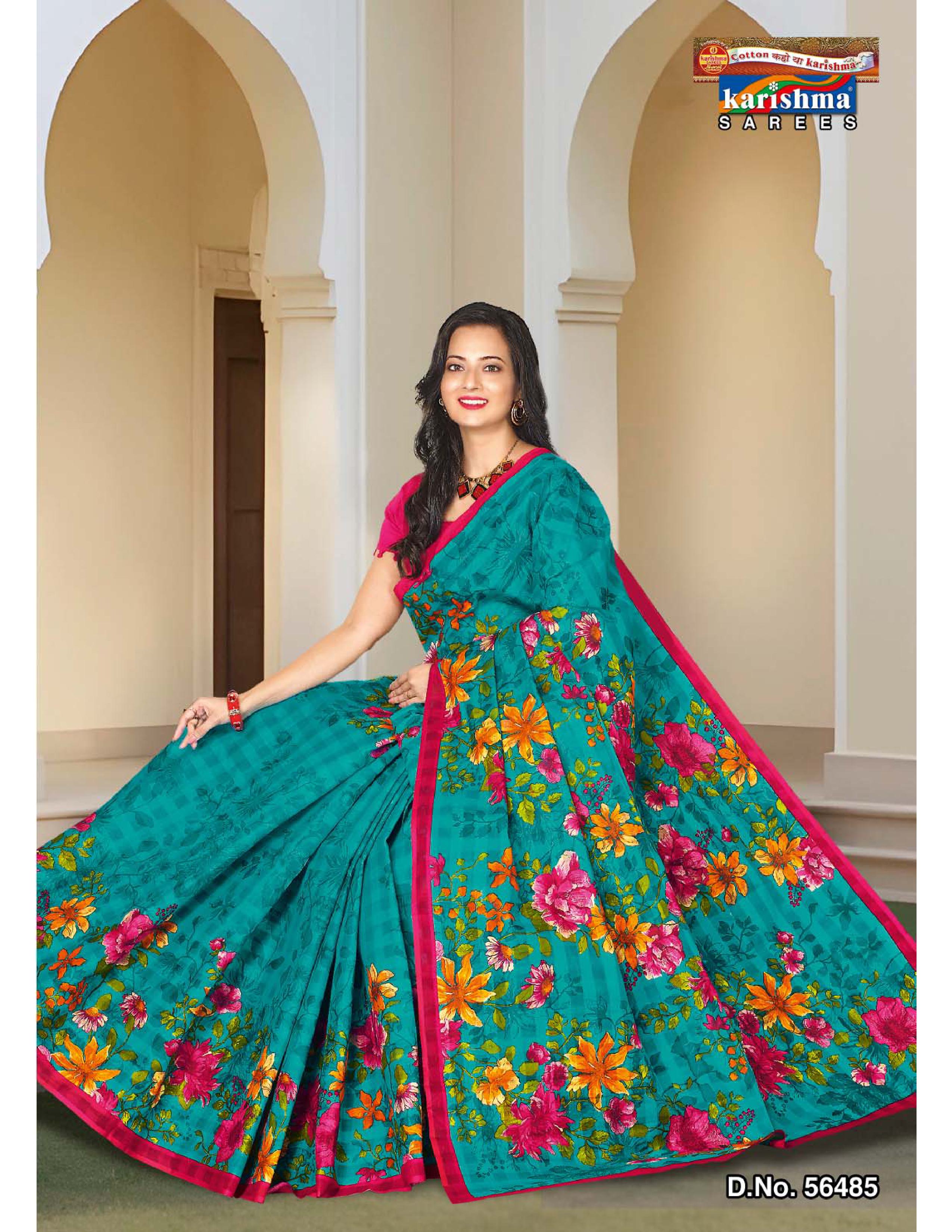 Teal Blue Pure Cotton Mulmul (Stiff) Saree With Floral Print And Bright Colour