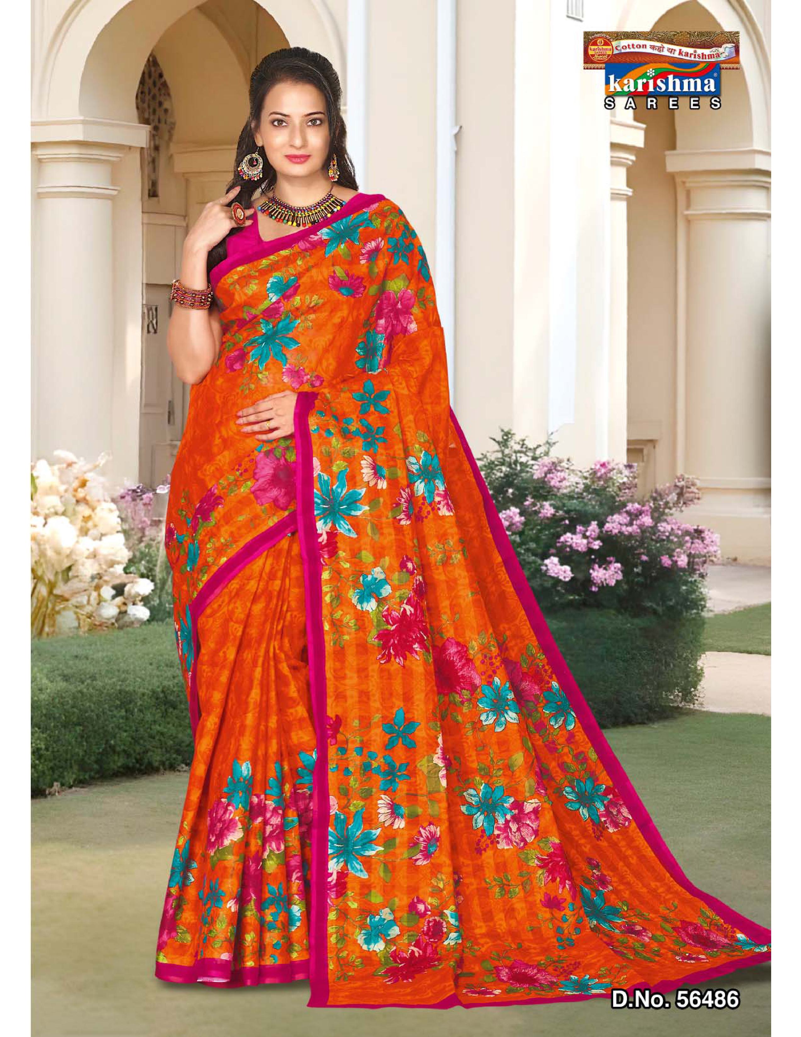 Orange Pure Cotton Mulmul (Stiff) Saree With Floral Print And Bright Colour