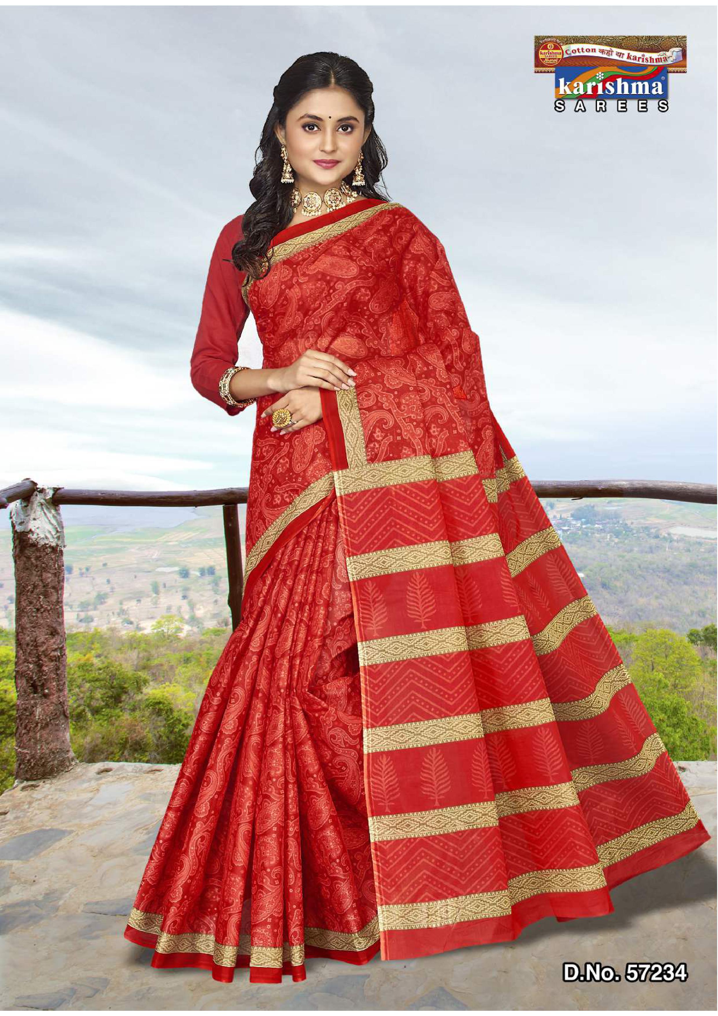 Red Pure Cotton Mulmul (Medium Soft) Saree With Beautiful Big Paisley Print