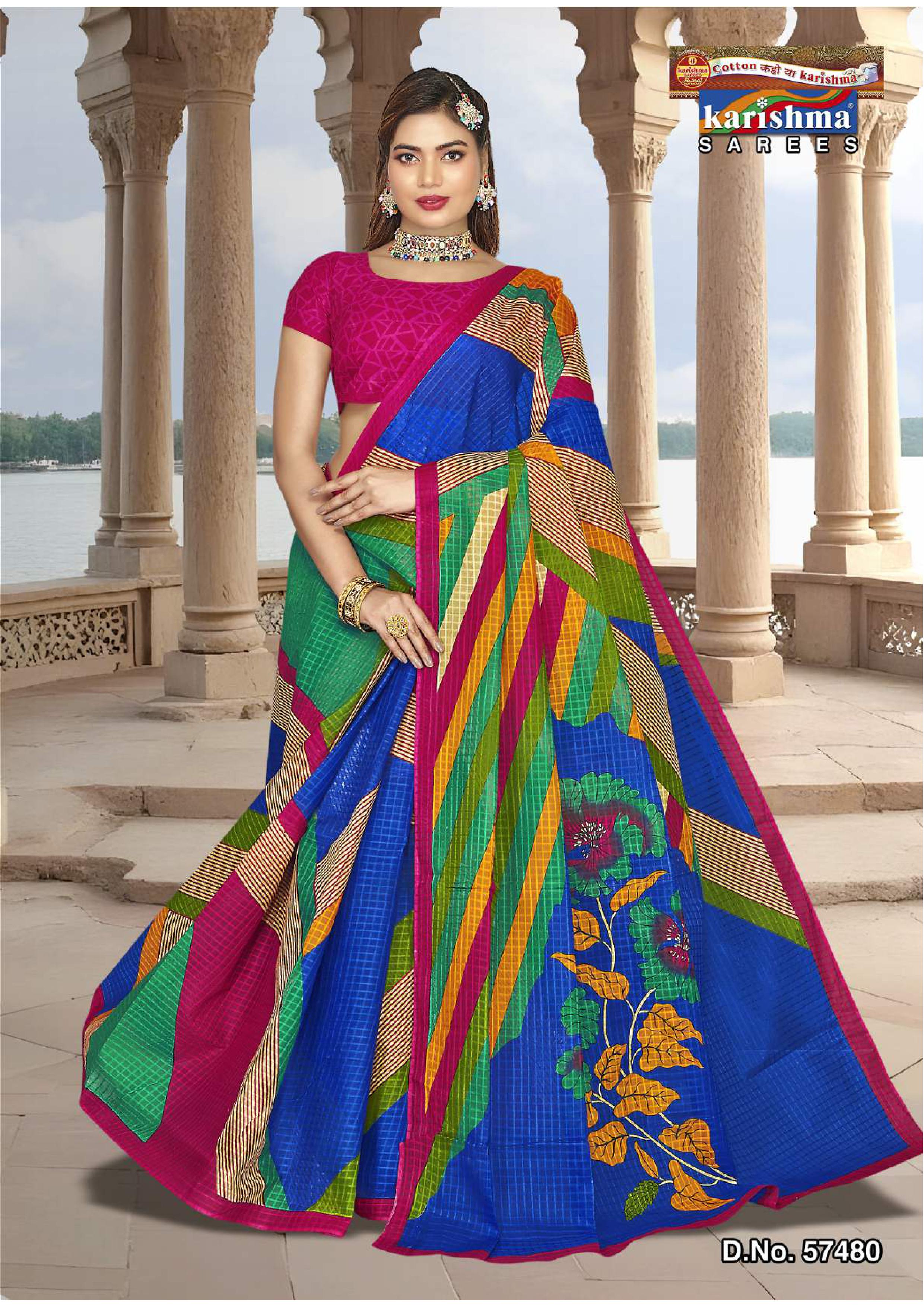 Navy Blue Geomatric And Floral Design Mulmul (Crips) Saree
