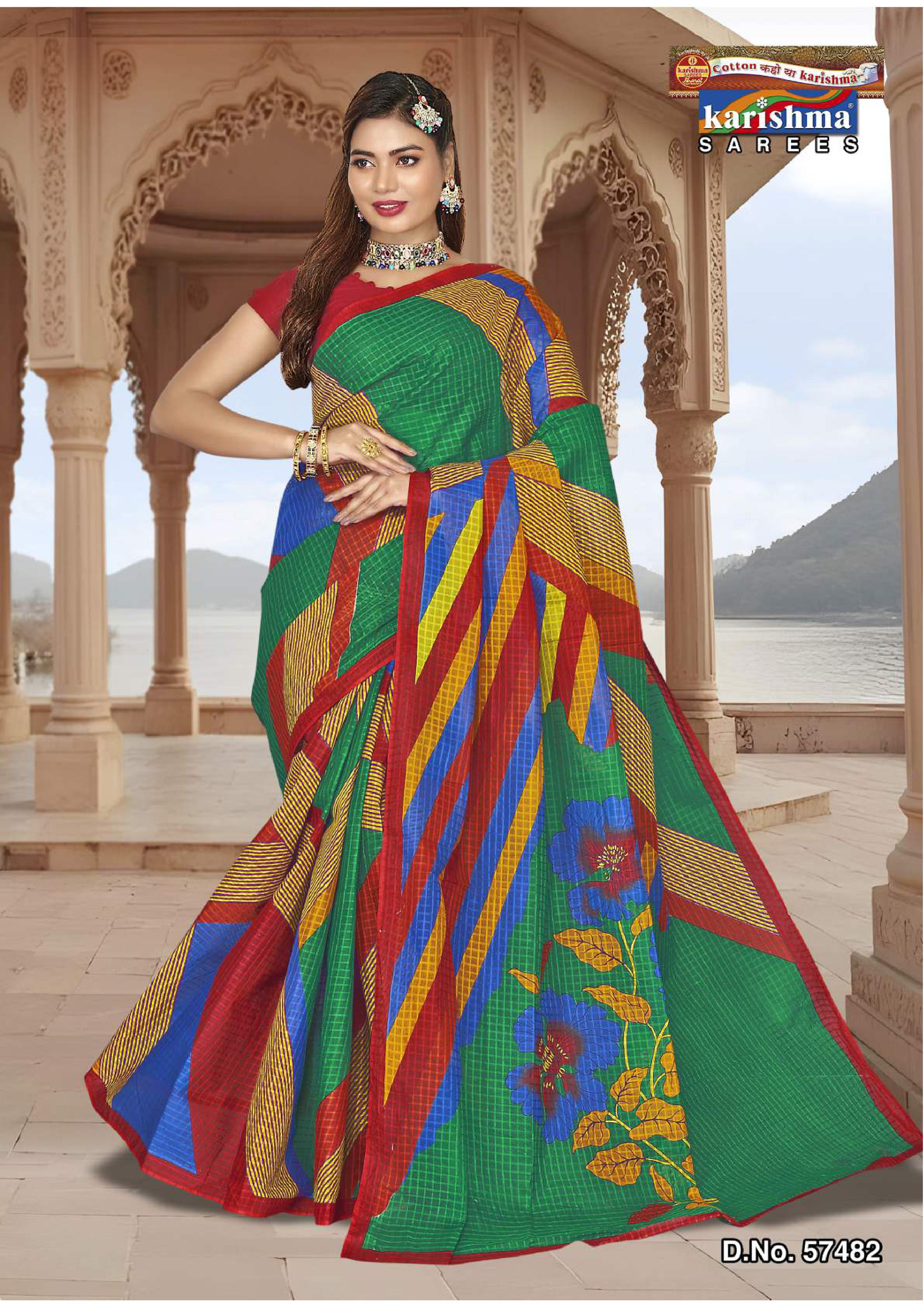 Green And Red Geomatric And Floral Design Mulmul (Crips) Saree