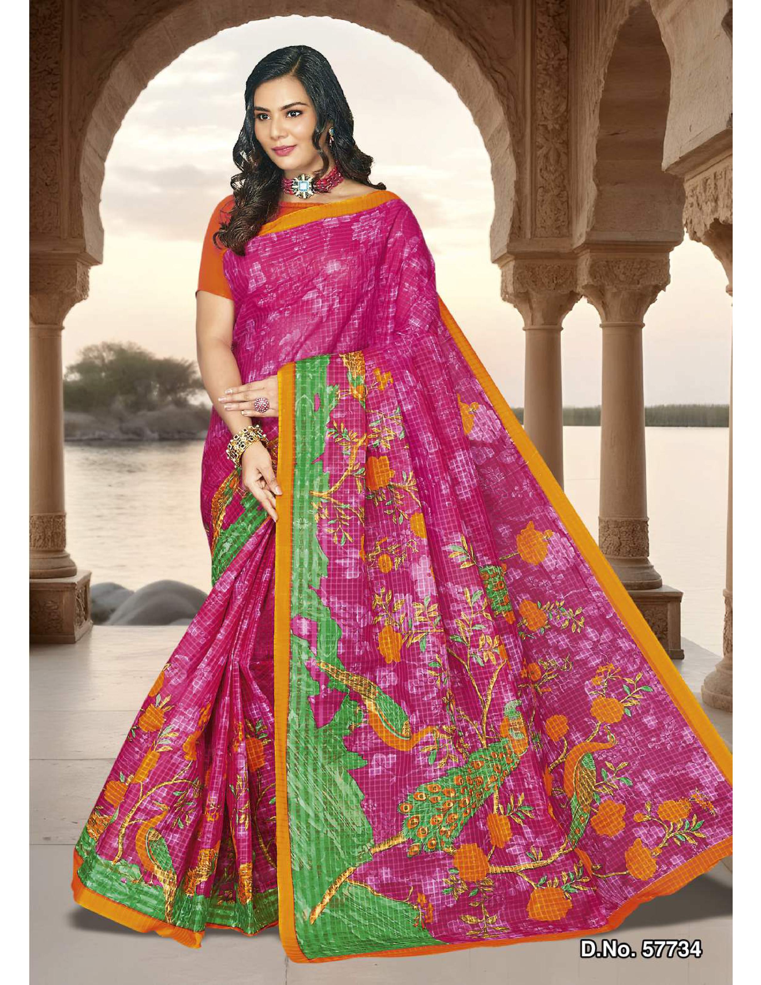 Pink Pure Cotton Mulmul (Stiff) Saree With Peacock Design And Floral Print
