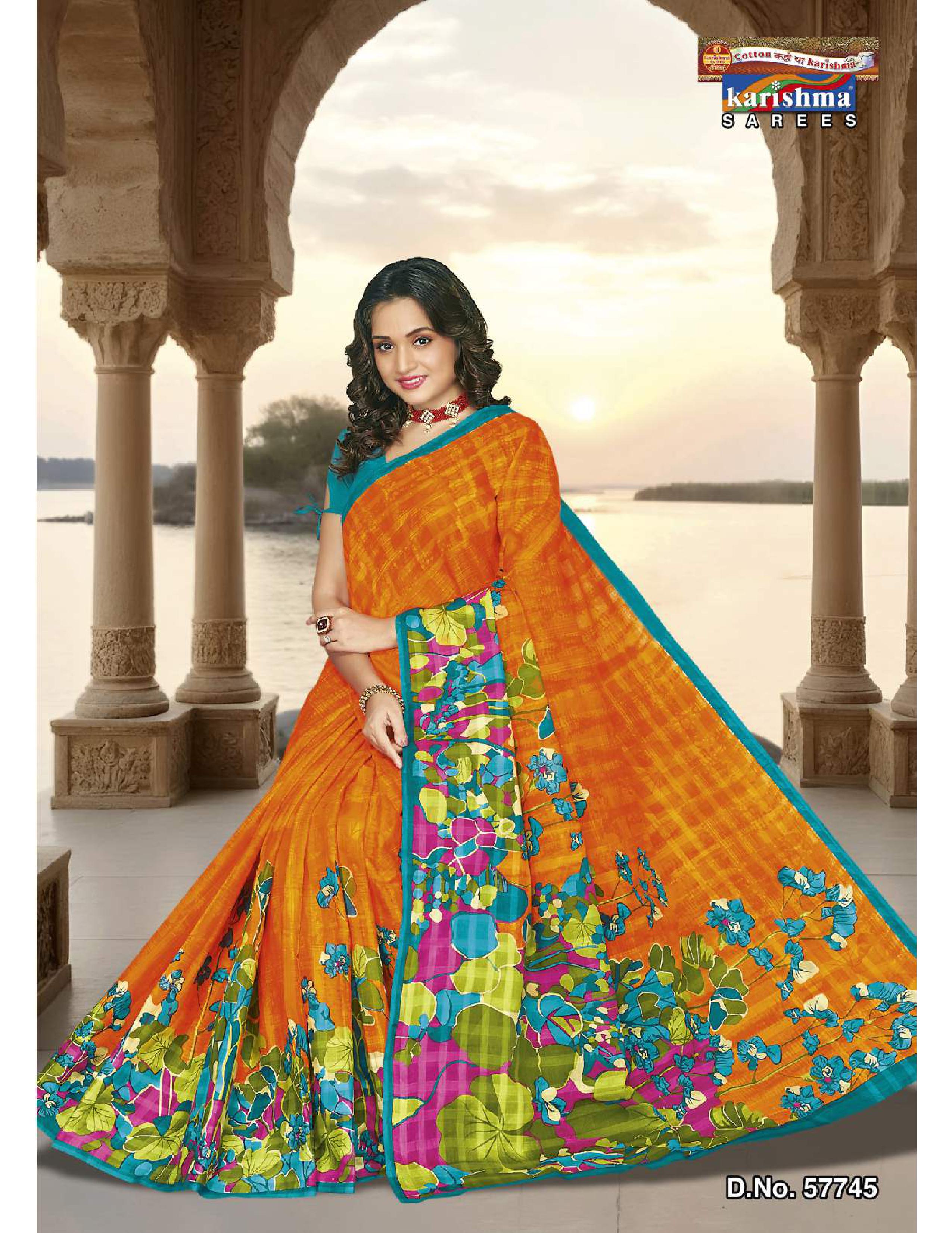 Orange Pure Cotton Mulmul (Stiff) Saree With Peacock Design And Floral Print