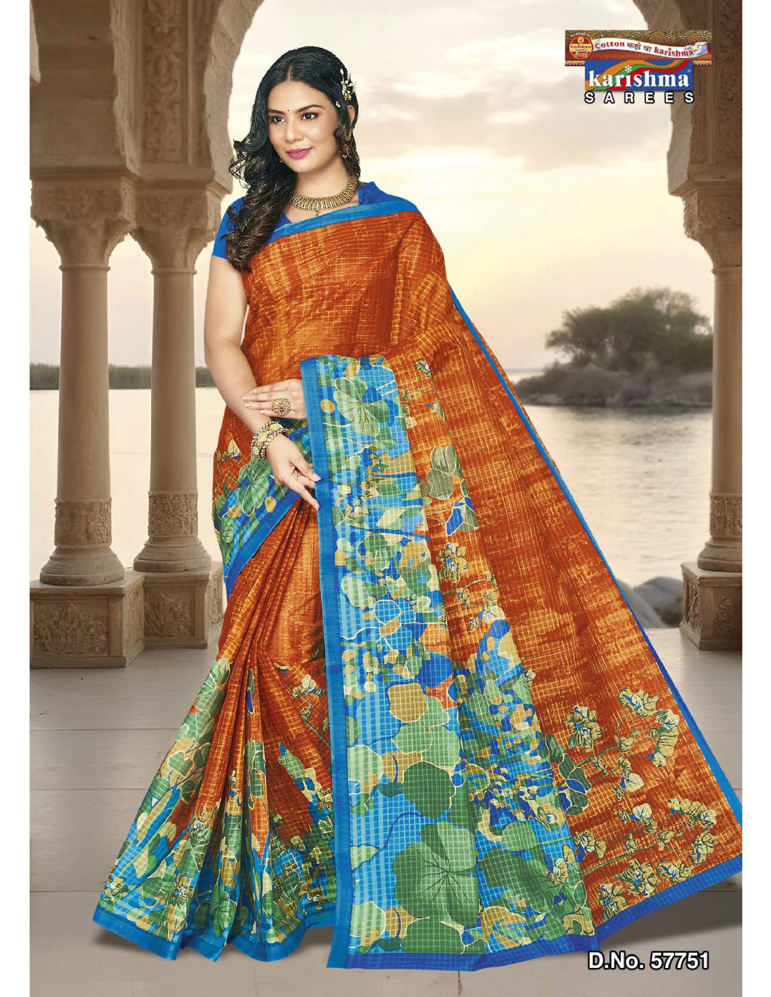 Rust Orange Pure Cotton Mulmul (Stiff) Saree With Peacock Design And Floral Print