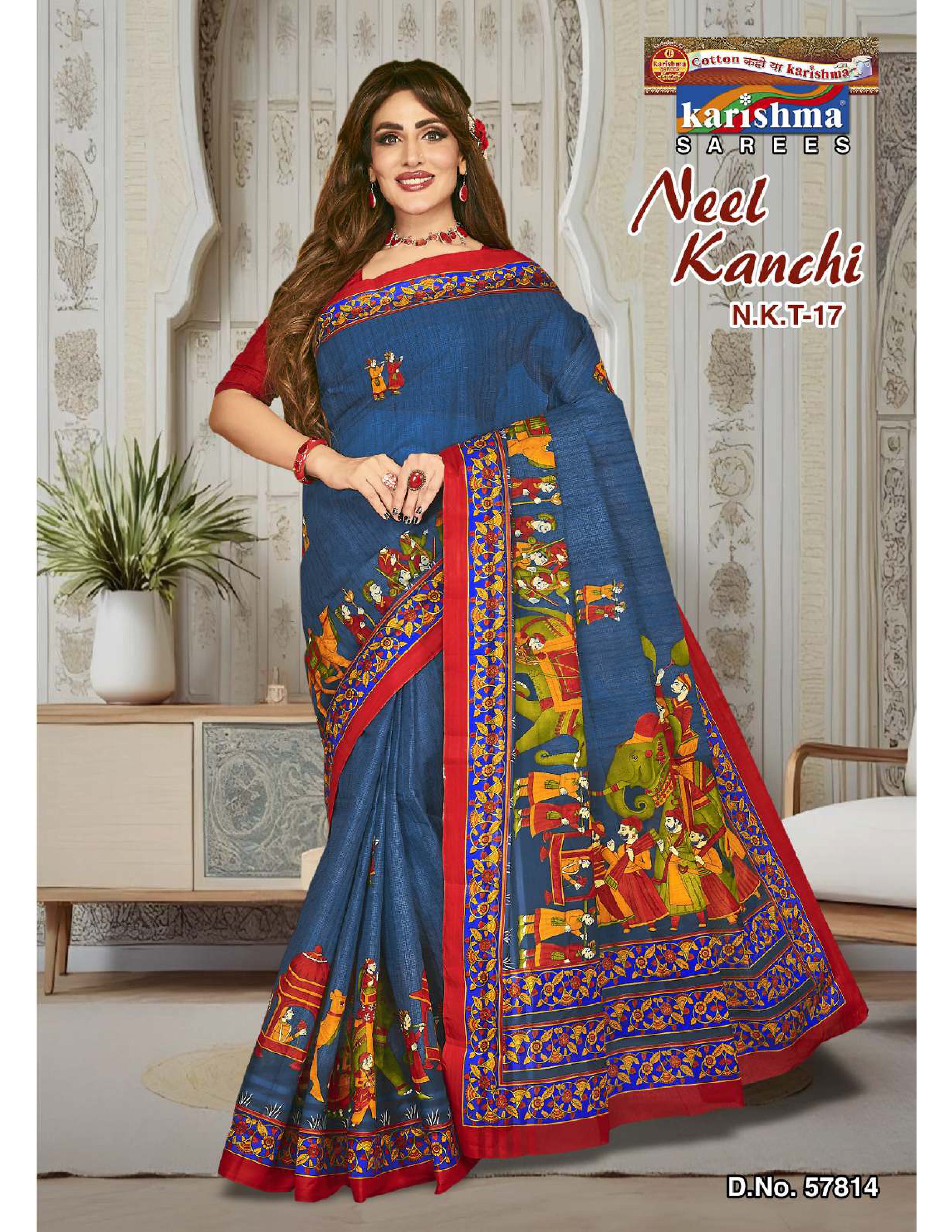 Navy Blue Figure Design Mulmul (Crisp) Saree