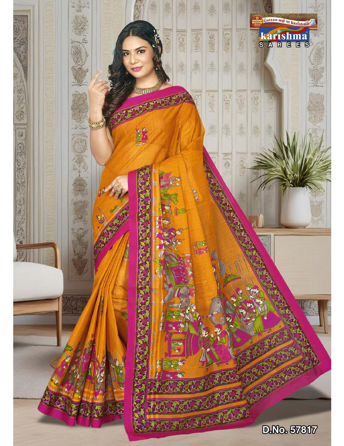 Yellow Figure Design Mulmul (Crisp) Saree